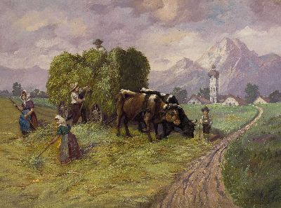 Image F. Thurmaier, München, 1.H.20.Jh., Heuernte im Vorgebirge, Öl/Lwd, rechts unten ...