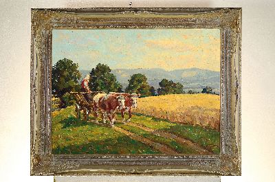 27095385k - Erich Zeyer, 1903 Stuttgart - 1960, Bäuerin mit Ochsenfuhrwerk am Feldrand, rückseitig ...