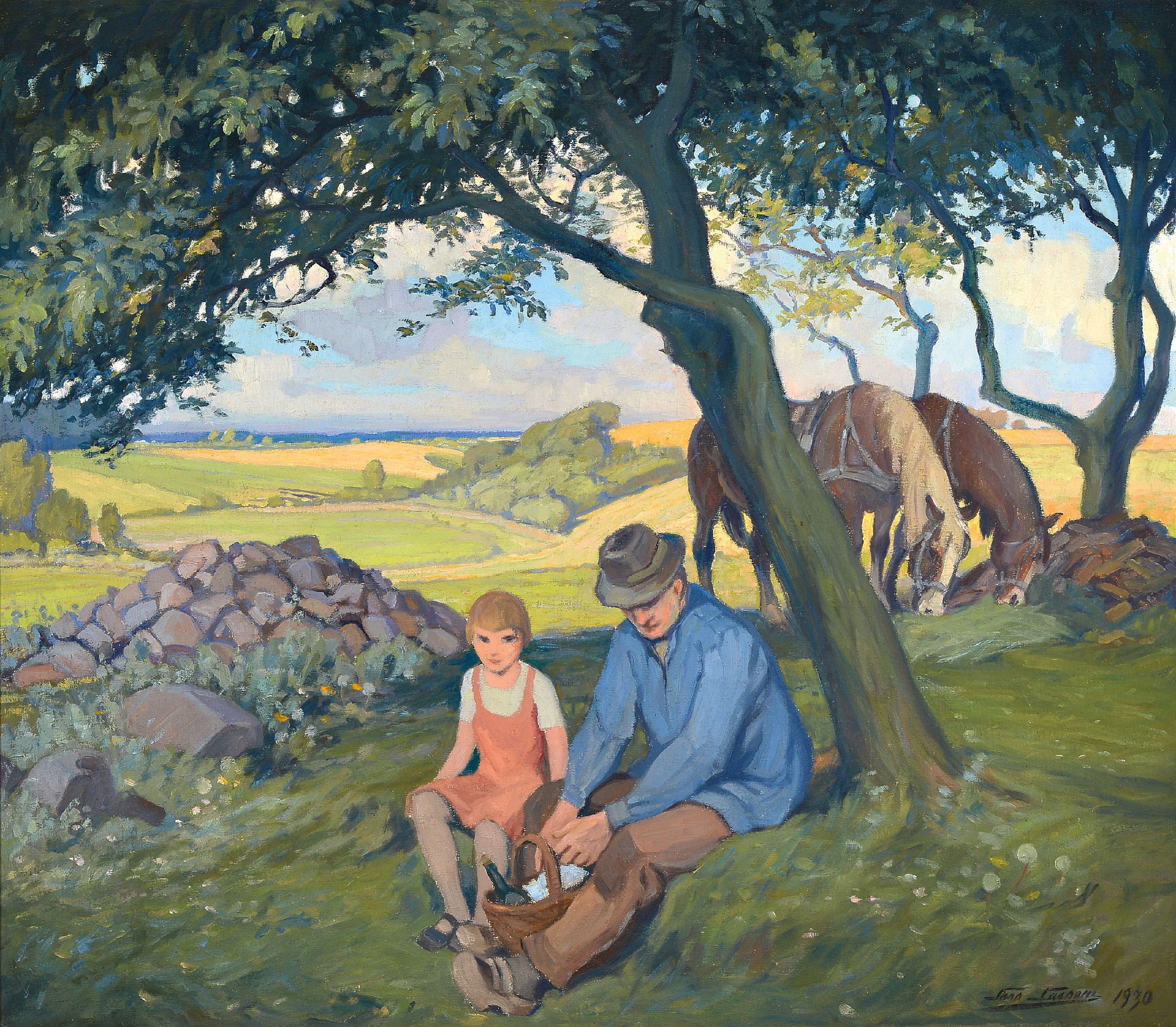 Image 27095423 - Lars Larsen, 1876-1955, Vater und Tochter bei der Rast unter Bäumen, im Hintergrund ...