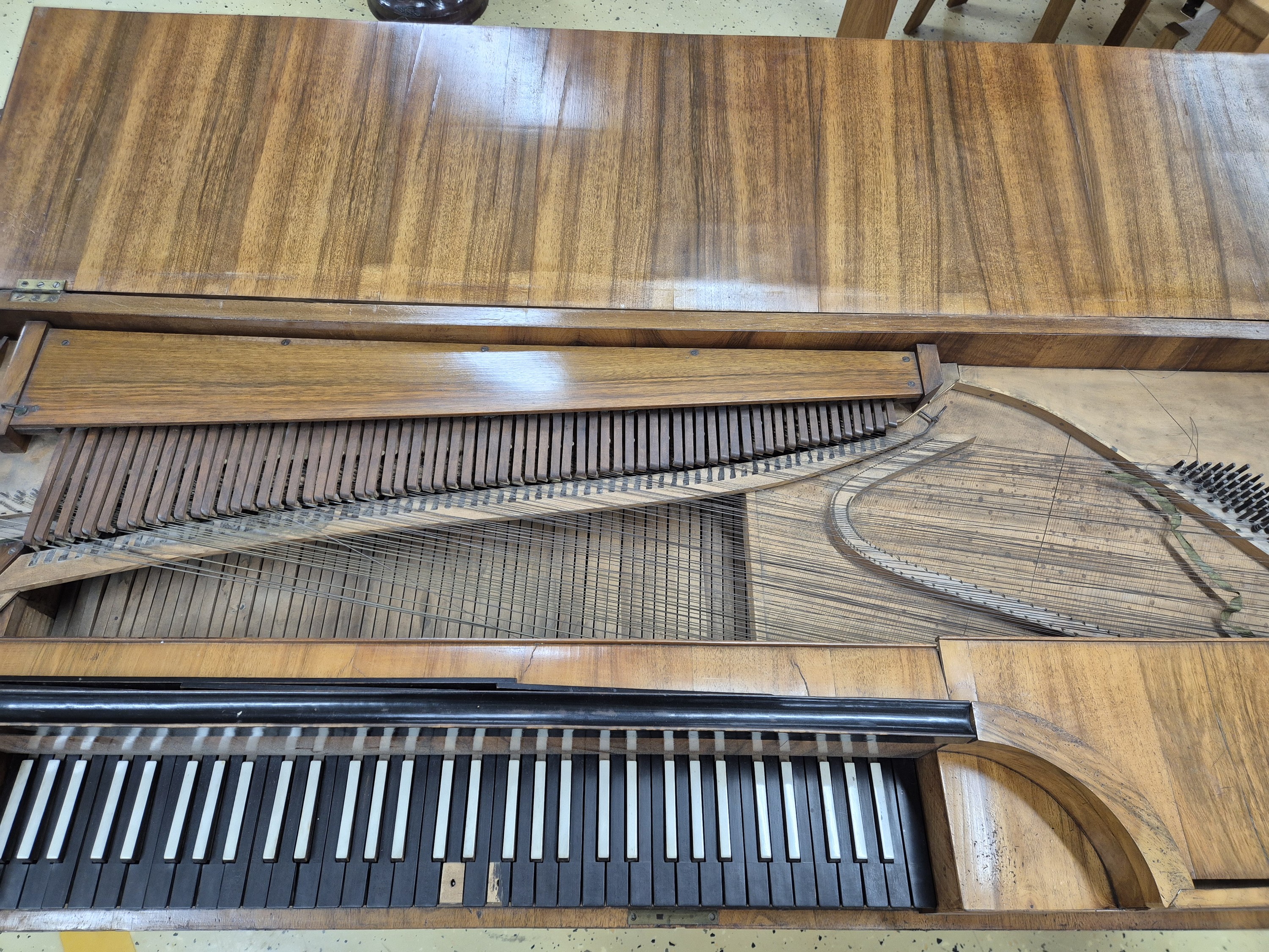 Detail f: Süddeutsches Tafelklavier, wohl Christian Gaiser, Rastatt, um 1818, Nussbaum furnierter Korpus, 4 quadratische sich verjüngende Füße, 3 ...