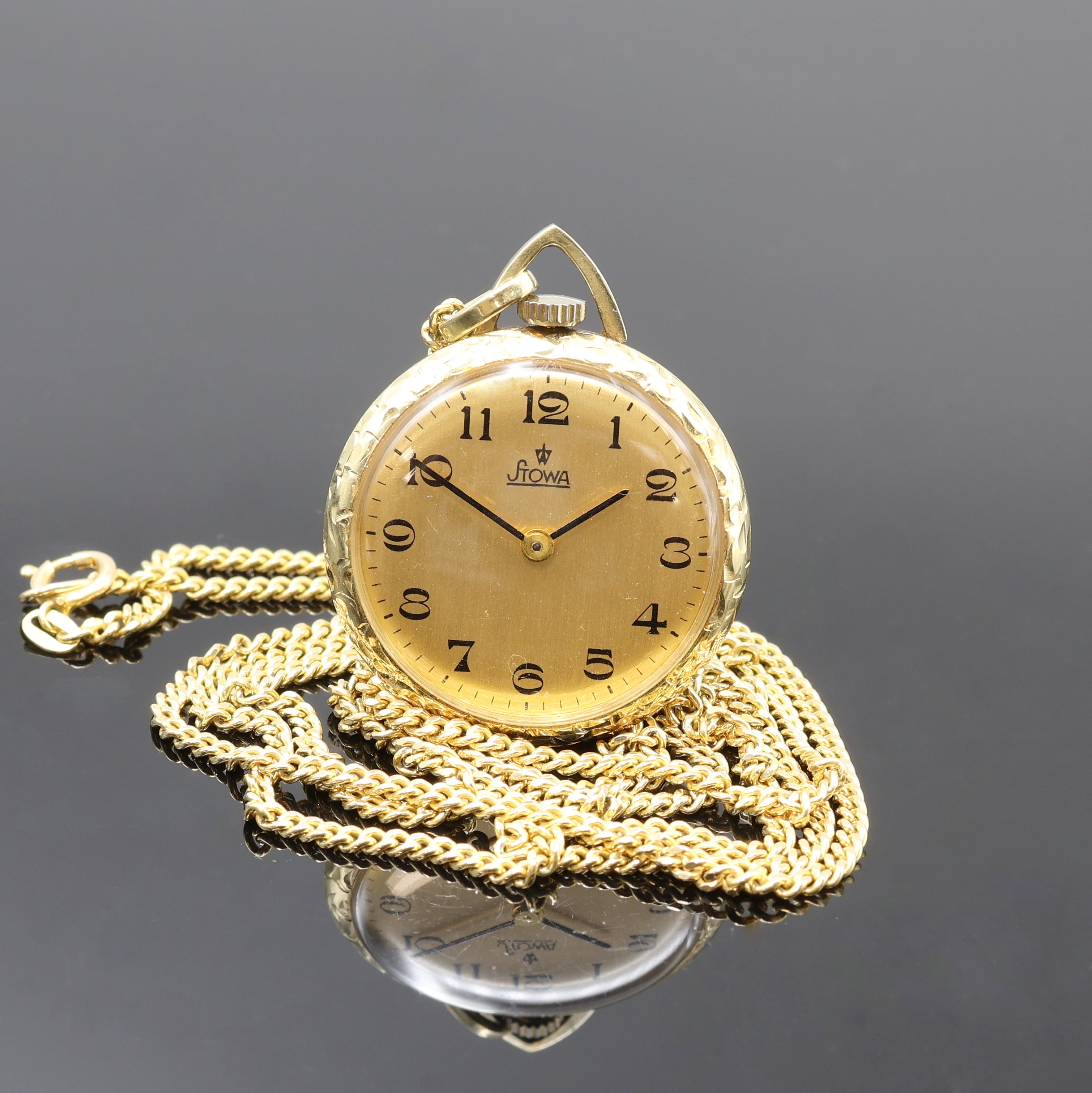 Image 27095685 - STOWA kleine, offene Damenanhängeuhr in GG 585/000 an Kette in GG 585/000, Schweiz um ...