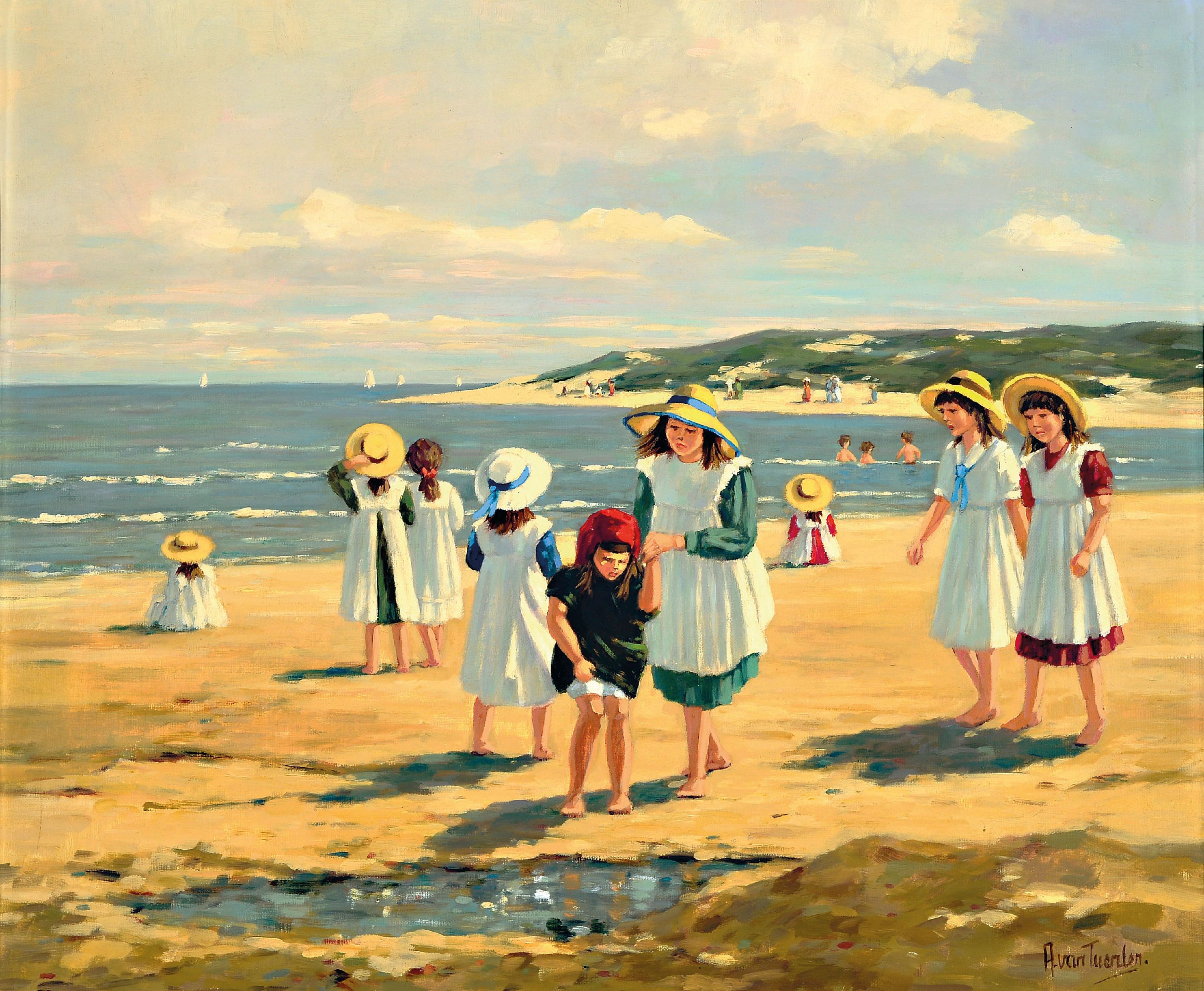 Image 27096223 - Ans van Tunter, Künstler des 20. Jh., Strandszene, vielfigurige Szenerie, jungen ...