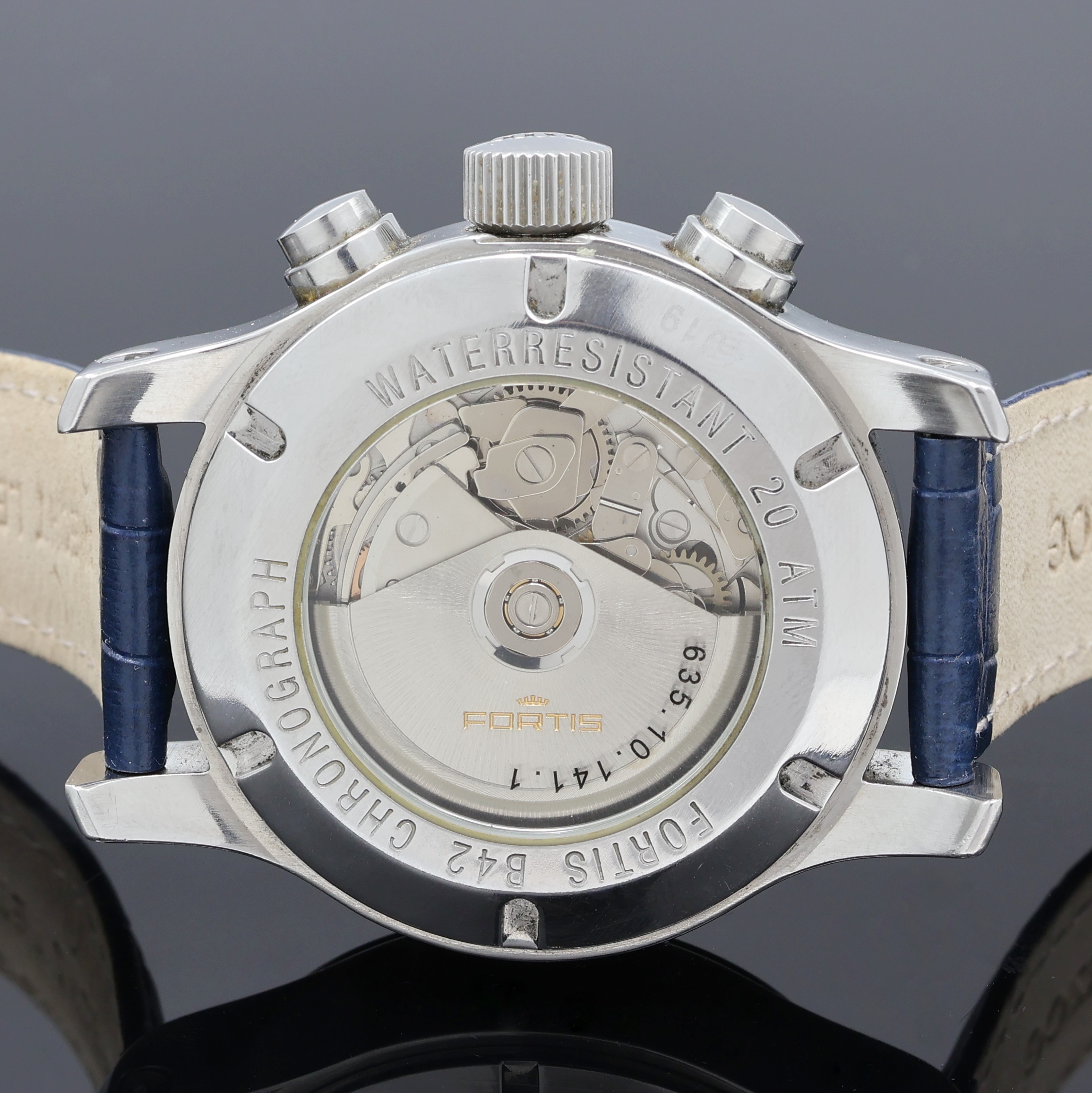 Detail d: FORTIS B42 Herrenarmbanduhr mit Chronograph Referenz 635.10.141.1, Schweiz um 2000, Automatik, beids. vergl. Edelstahlgeh., Boden und Krone verschr., ...