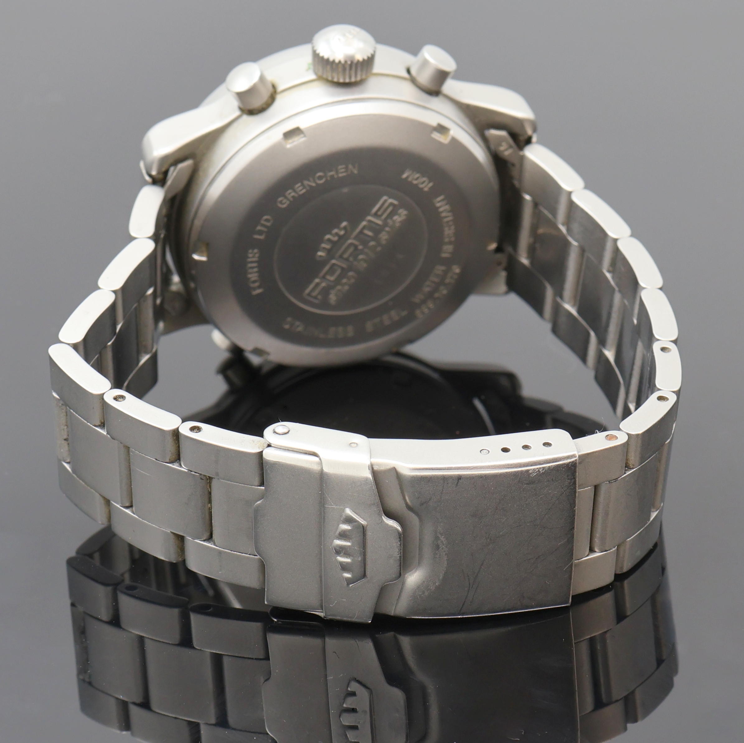 Detail c: FORTIS Armbandchronograph mit Alarm Referenz 599.10.170, Automatik, Schweiz um 2000, Edelstahl inkl. orig. Gliederband m. Faltschl., Boden verschr., ...