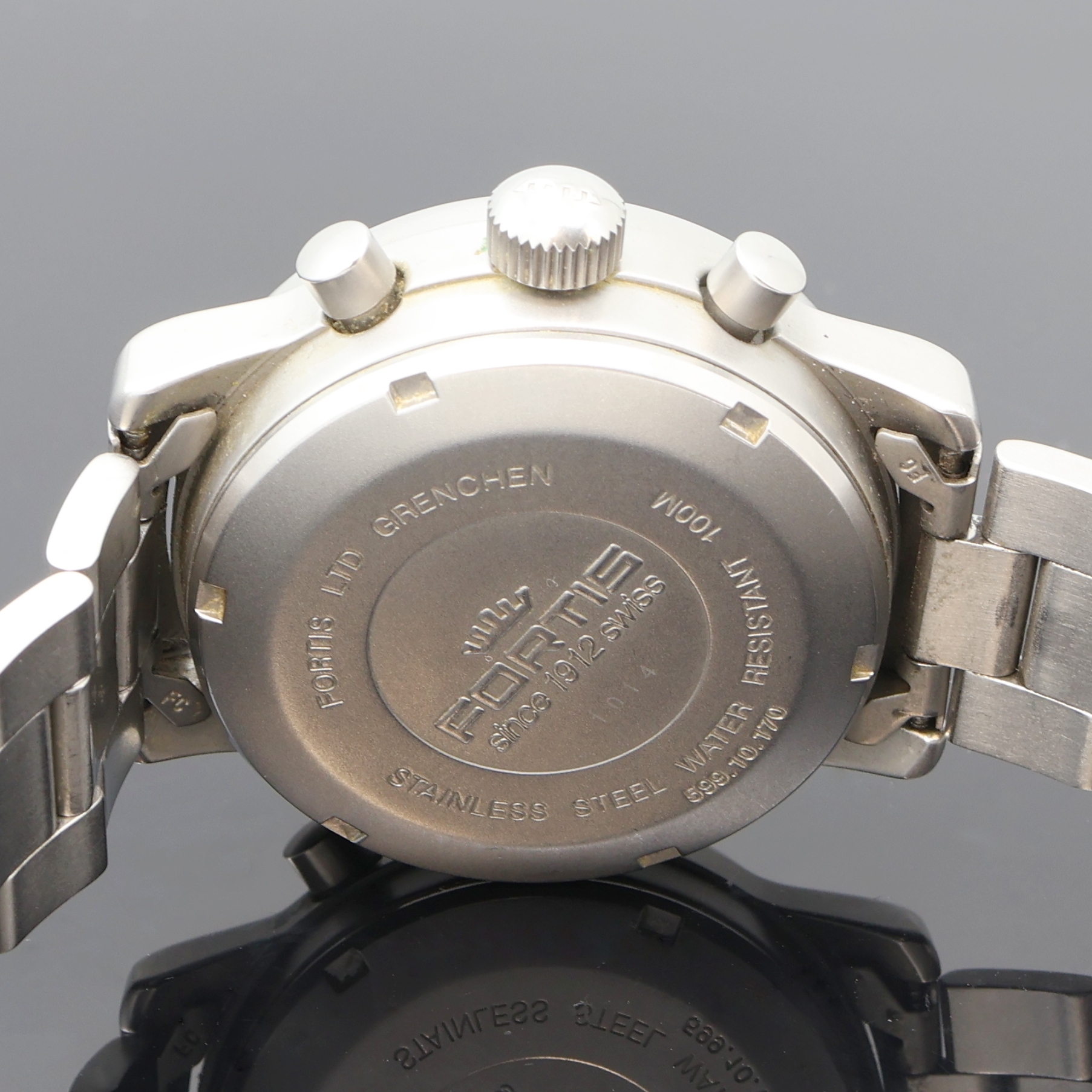 Detail f: FORTIS Armbandchronograph mit Alarm Referenz 599.10.170, Automatik, Schweiz um 2000, Edelstahl inkl. orig. Gliederband m. Faltschl., Boden verschr., ...