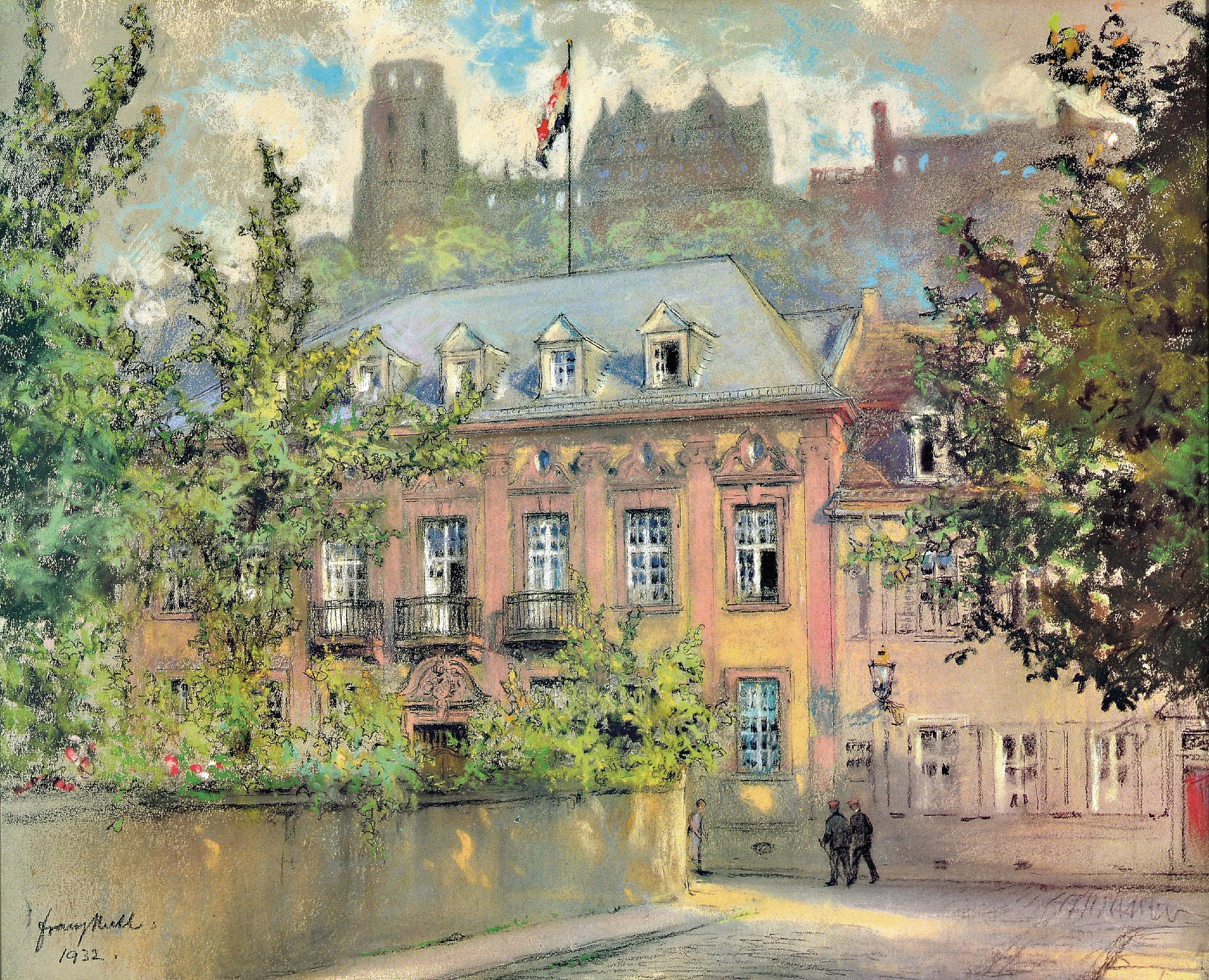 Franz Huth, 1876 Pößneck-1970 Weimar, Ansicht aus Heidelberg, im Hintergrund das Schloß, vorne ein Verbindungshaus (wohl Alemannia) und zwei ...
