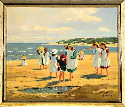 27096223k - Ans van Tunter, Künstler des 20. Jh., Strandszene, vielfigurige Szenerie, jungen ...