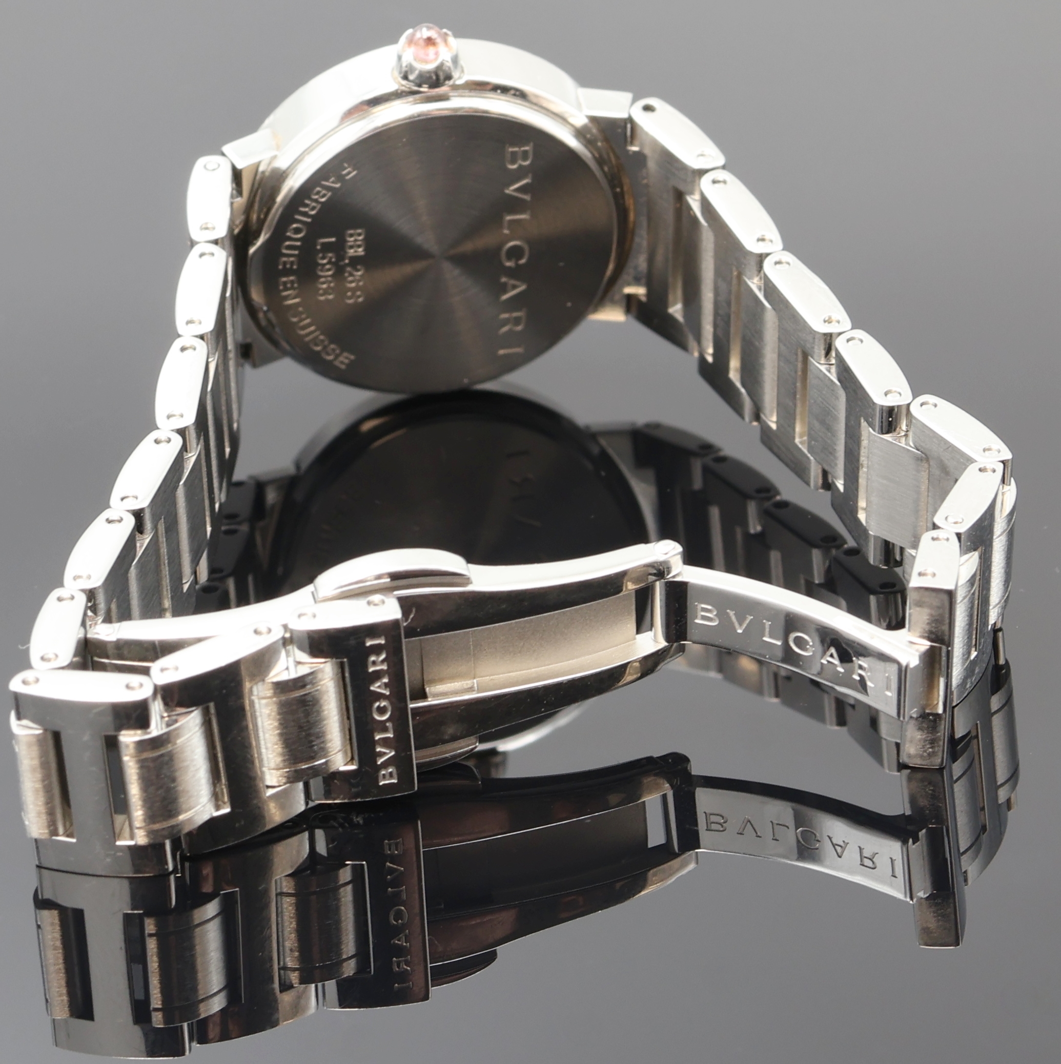 Detail c: BULGARI Damenarmbanduhr Referenz BBL26S, Schweiz um 2000, quarz, Edelstahlgeh. inkl. Gliederband m. dopp. Faltschl., Boden aufgedr., ...