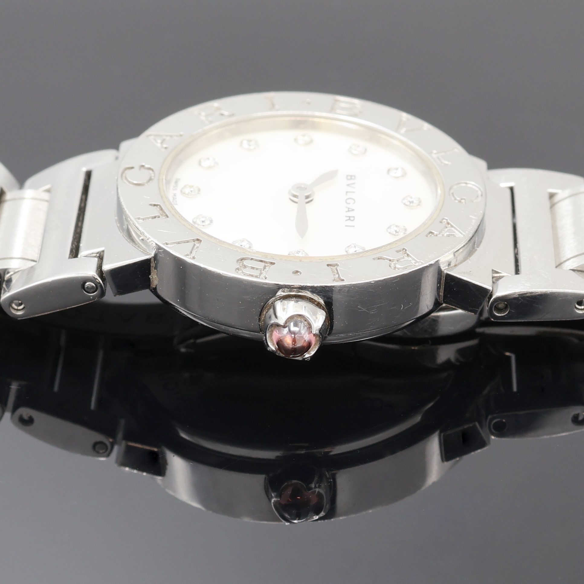 Detail d: BULGARI Damenarmbanduhr Referenz BBL26S, Schweiz um 2000, quarz, Edelstahlgeh. inkl. Gliederband m. dopp. Faltschl., Boden aufgedr., ...