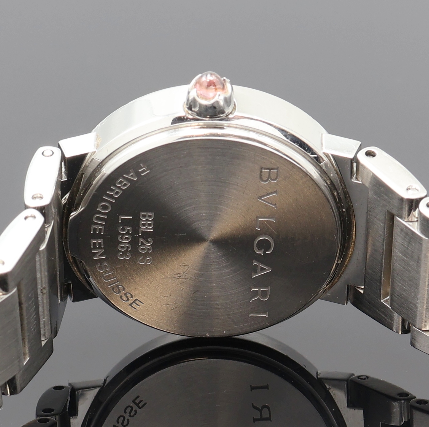 Detail e: BULGARI Damenarmbanduhr Referenz BBL26S, Schweiz um 2000, quarz, Edelstahlgeh. inkl. Gliederband m. dopp. Faltschl., Boden aufgedr., ...