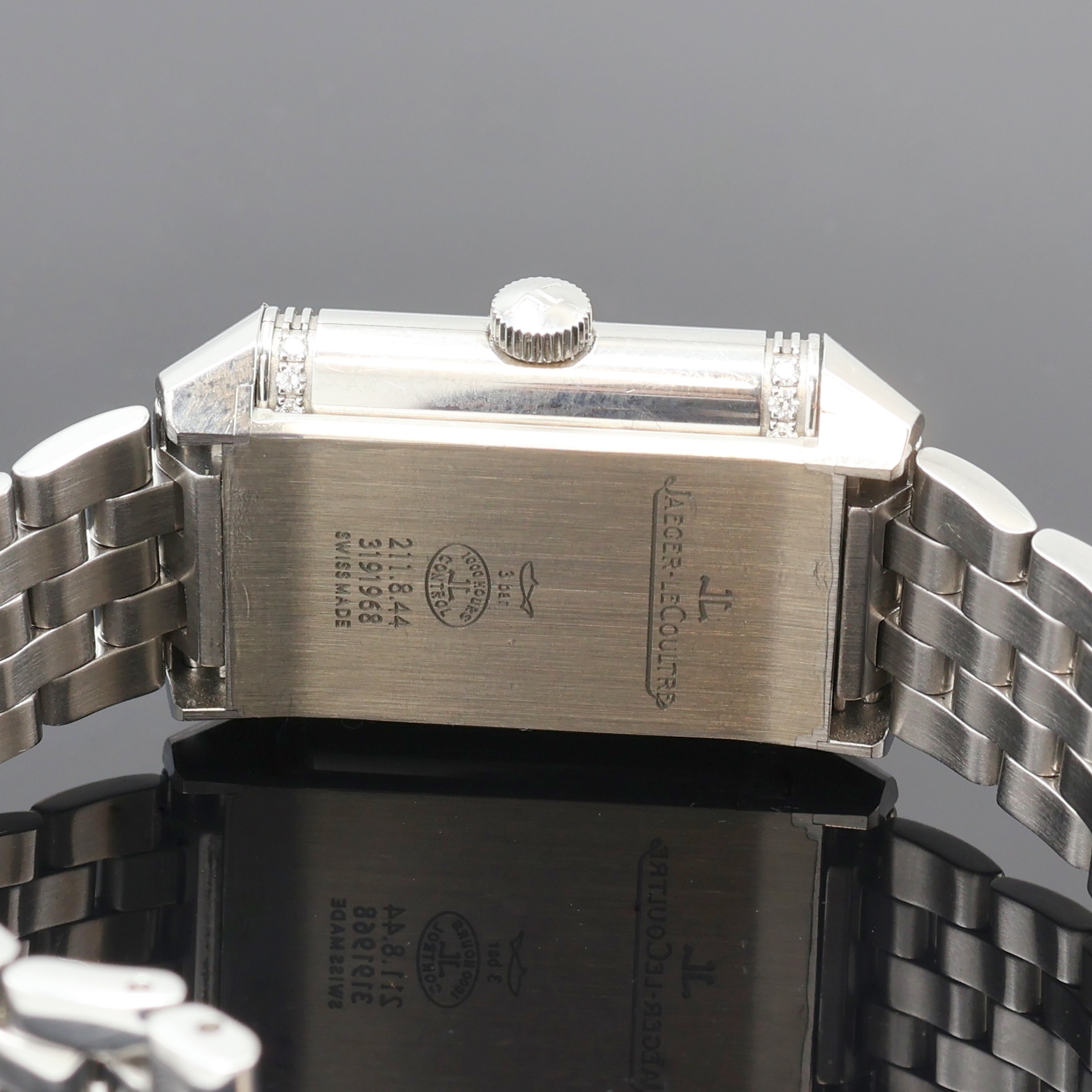 Detail e: Jaeger-LeCoultre Damenarmbanduhr Reverso Duetto Referenz 211.8.44, Handaufzug, Schweiz um 20152, um 180 Grad drehbares Edelstahl Wendegeh. inkl. ...