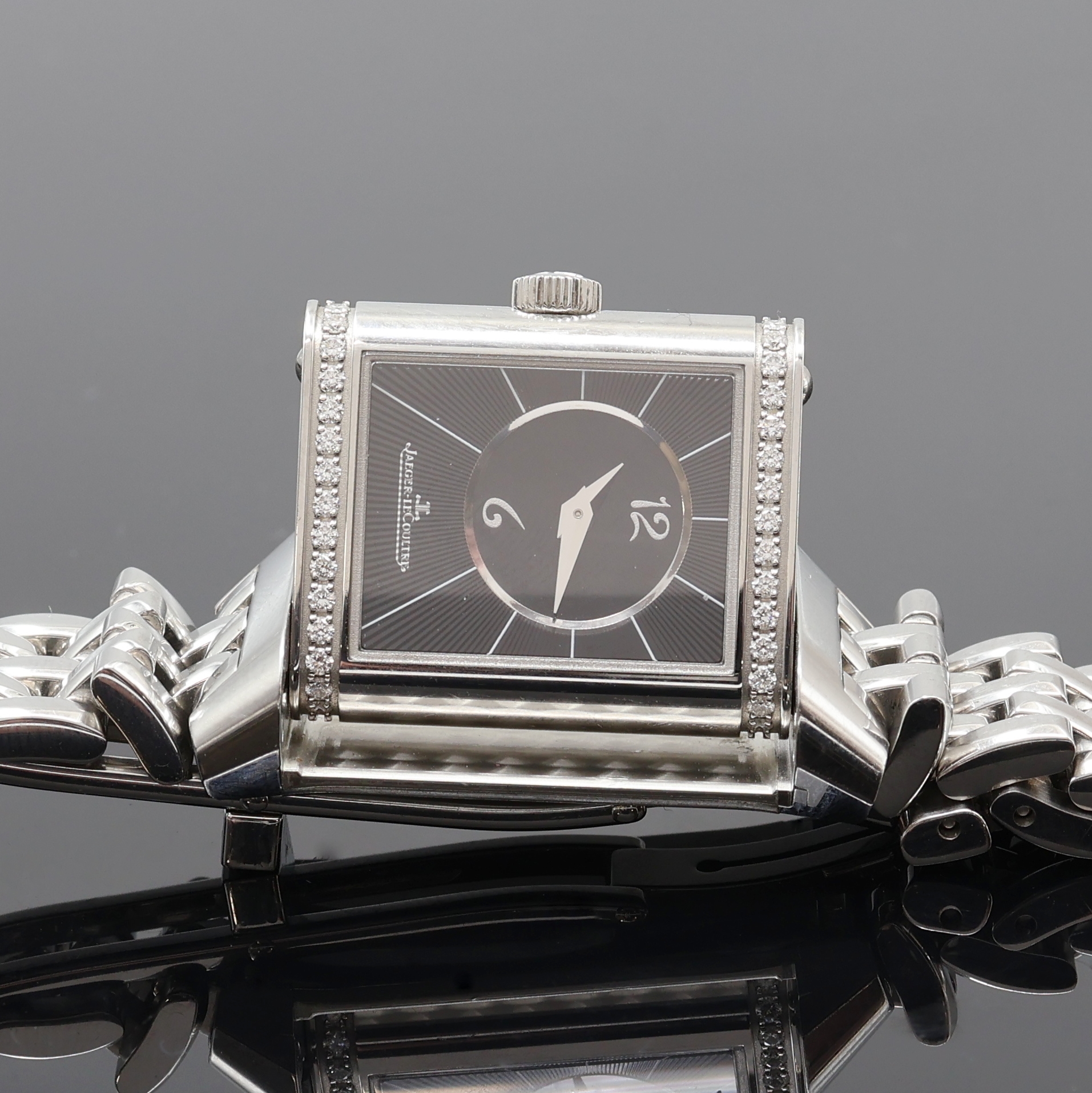 Detail f: Jaeger-LeCoultre Damenarmbanduhr Reverso Duetto Referenz 211.8.44, Handaufzug, Schweiz um 20152, um 180 Grad drehbares Edelstahl Wendegeh. inkl. ...