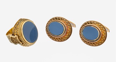 Image 14 kt Gold Lagenstein-Herrenschmuckset, GG 585/000, best. aus: 1 Ring, RW 68, und 1 ...