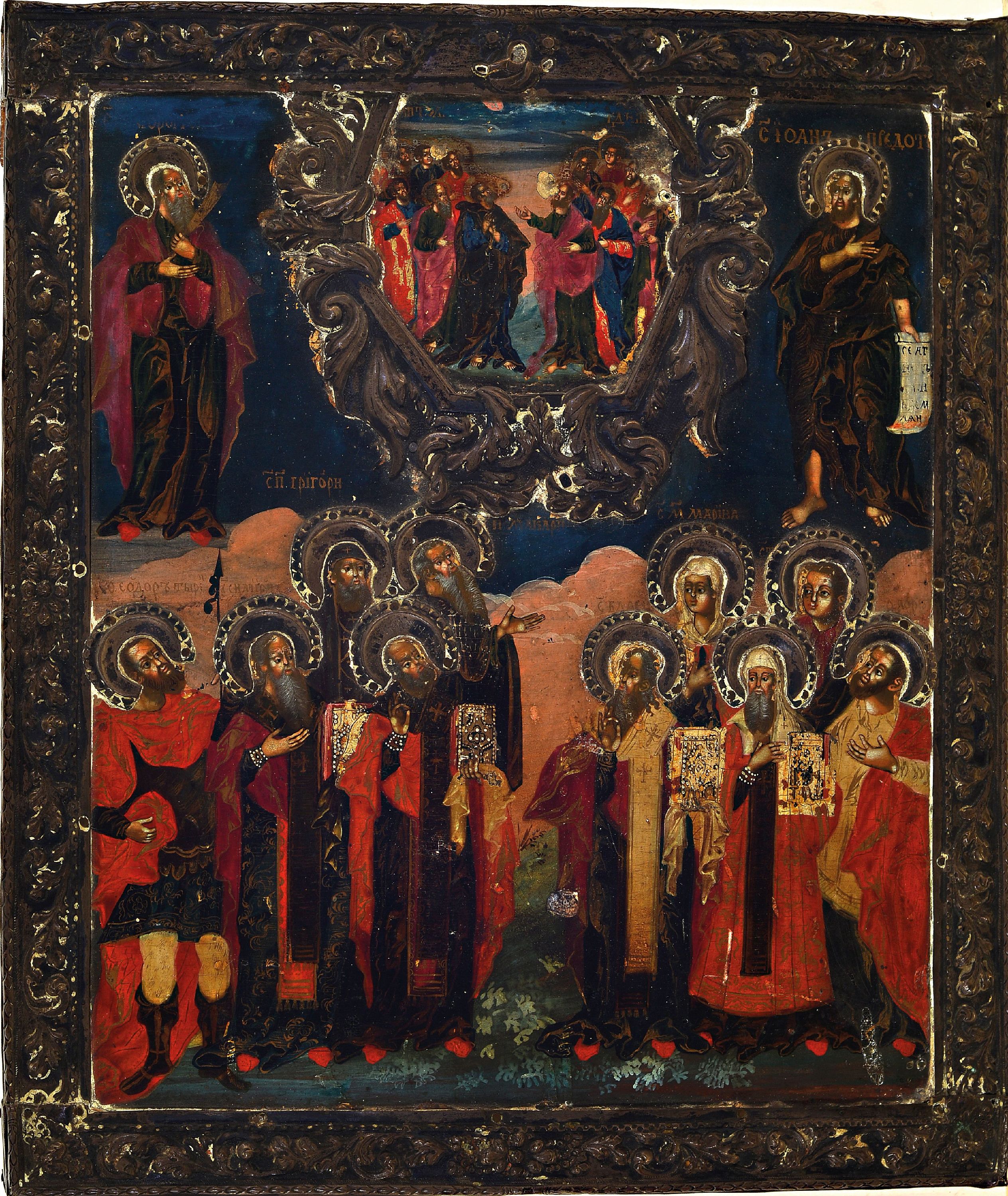 Detail k: Himmelfahrts-Ikone, Russland, letztes Drittel 19.Jh., Tempera auf Holz, Silberoklad ungemarkt, Rahmung angepasst, Aufgefahrener im Rahmen, ...