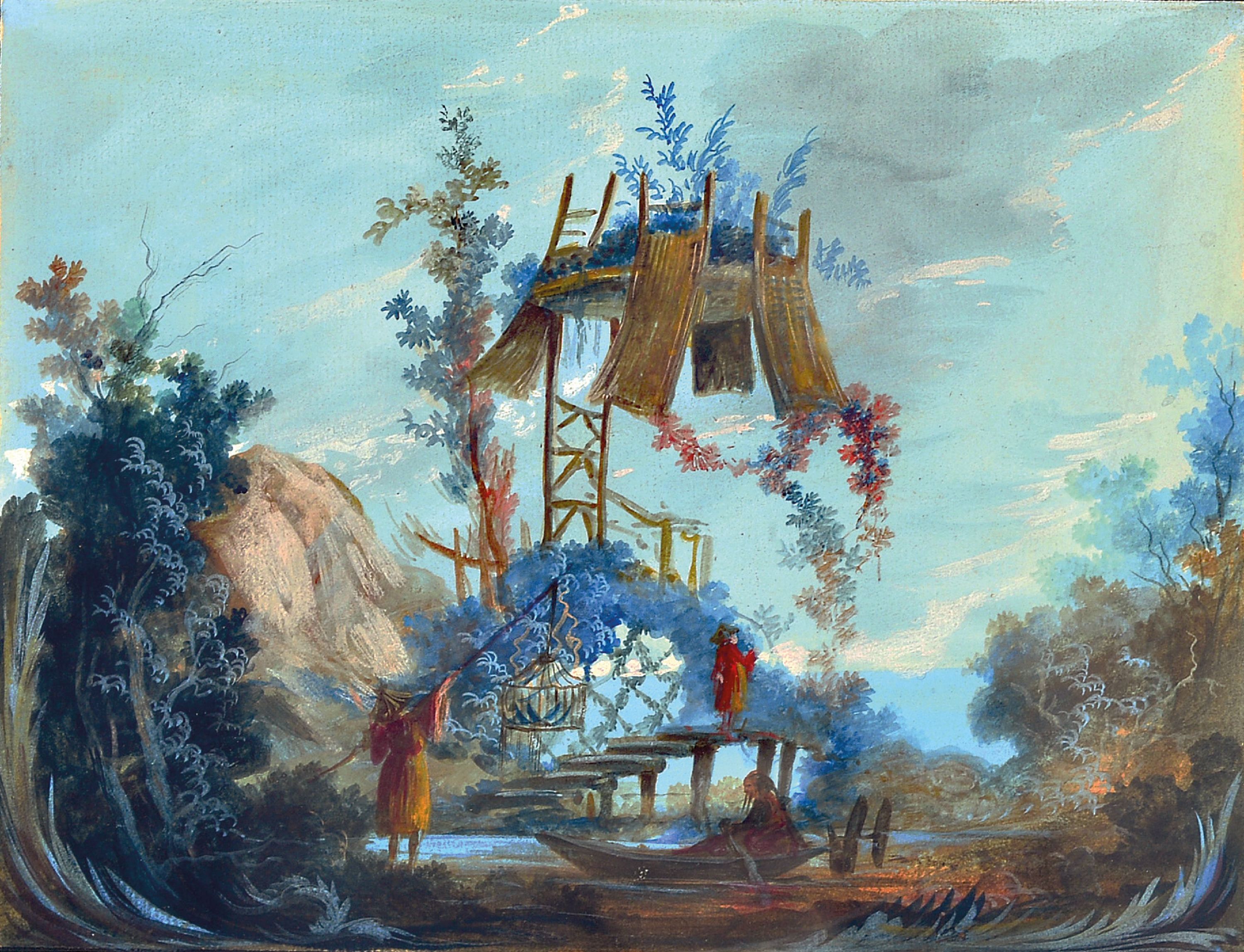 Image 27097199 - Monogrammist R.R., datiert 1772, 2 kleine Gouachen mit Chinoiserien, Pagoden und ...