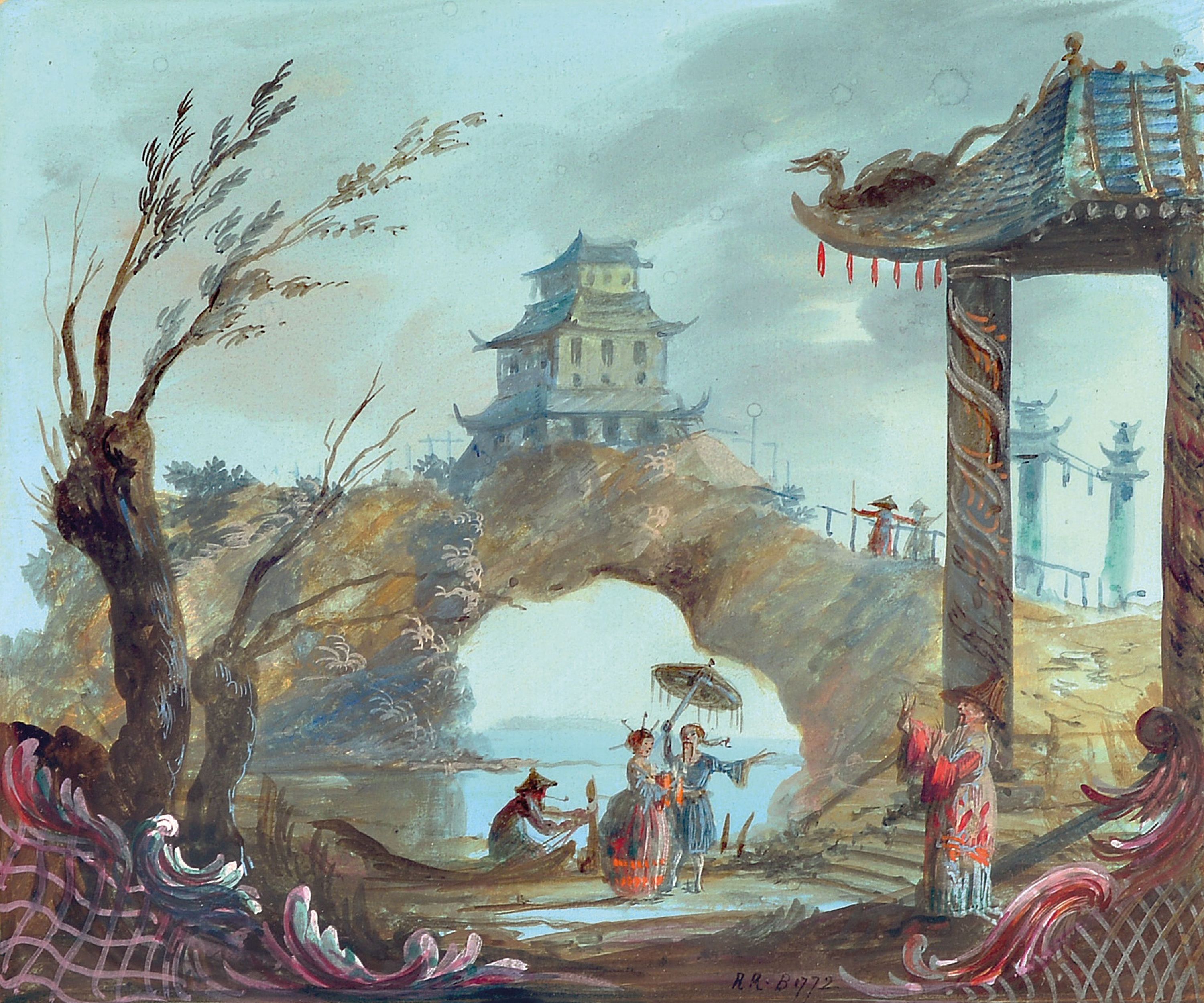 Detail a: Monogrammist R.R., datiert 1772, 2 kleine Gouachen mit Chinoiserien, Pagoden und Menschen, feine detailreiche Malerei, eines monogr. und dat., je ca. ...