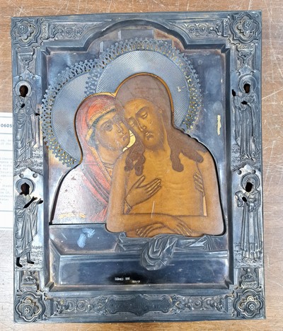 27097196a - Schmerzensmann-Ikone mit Silberoklad, Russland, datiert 1888, Tempera auf Holz, auf ...