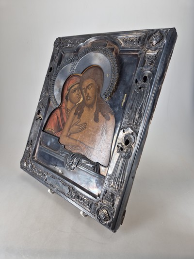 27097196h - Schmerzensmann-Ikone mit Silberoklad, Russland, datiert 1888, Tempera auf Holz, auf ...