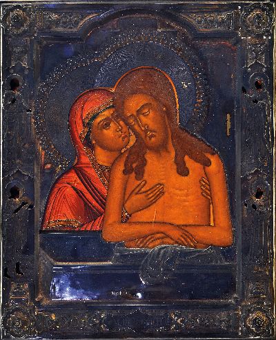 27097196k - Schmerzensmann-Ikone mit Silberoklad, Russland, datiert 1888, Tempera auf Holz, auf ...