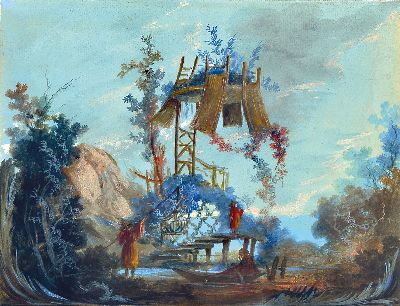 Image Monogrammist R.R., datiert 1772, 2 kleine Gouachen mit Chinoiserien, Pagoden und ...