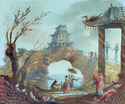 27097199a - Monogrammist R.R., datiert 1772, 2 kleine Gouachen mit Chinoiserien, Pagoden und ...