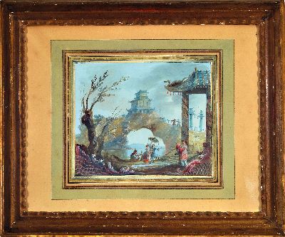 27097199l - Monogrammist R.R., datiert 1772, 2 kleine Gouachen mit Chinoiserien, Pagoden und ...
