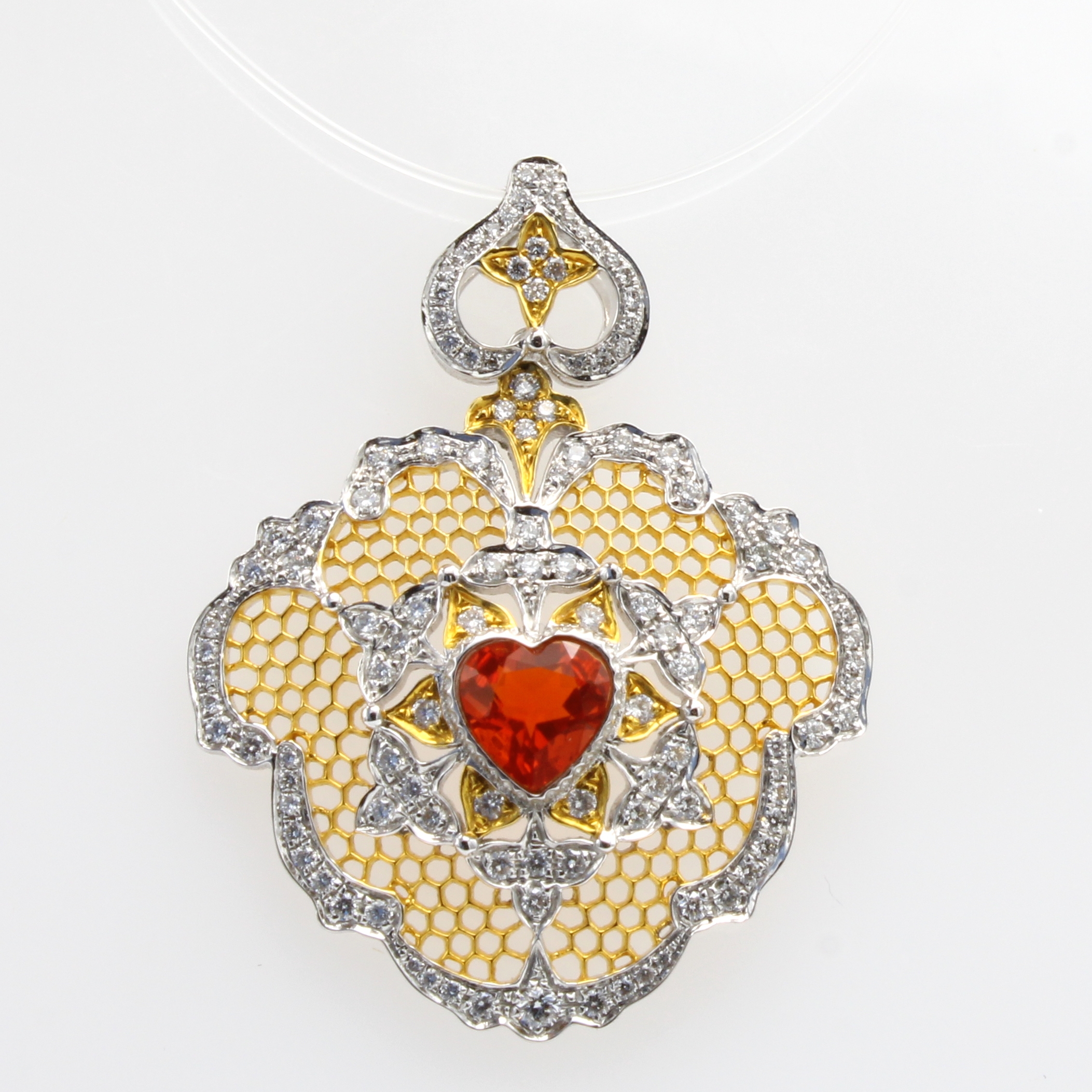 Image 27097214 - Anhänger mit Feueropal und Brillanten, GG 750/000, m. Ajourarbeit, mexikanischer Feuer- ...