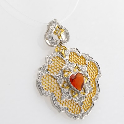 27097214a - Anhänger mit Feueropal und Brillanten, GG 750/000, m. Ajourarbeit, mexikanischer Feuer- ...