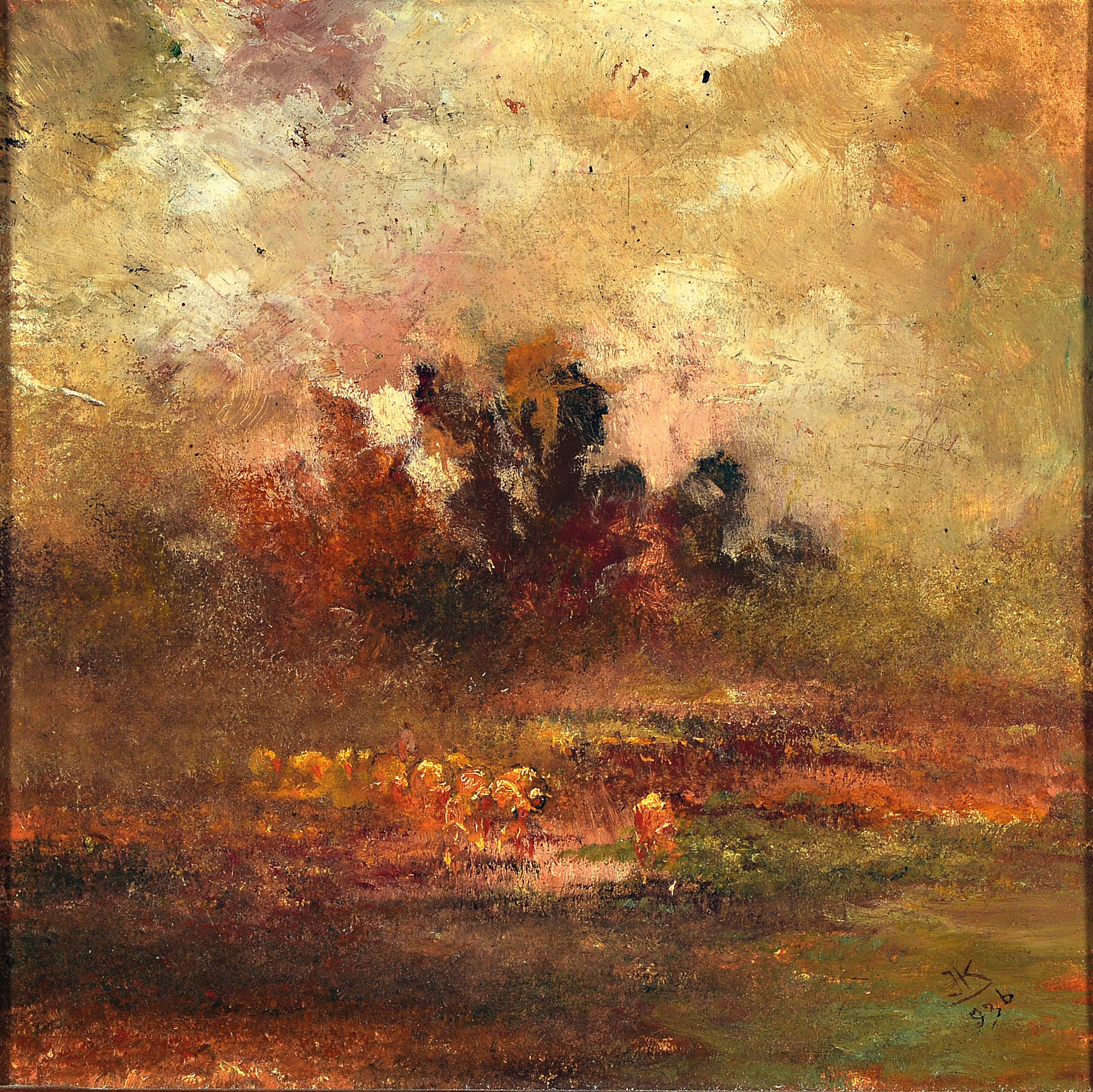 Image 27098656 - Julius Kurz, 1872-1946, atmosphärische Landschaft mit Kühen an der Tränke, rechts ...