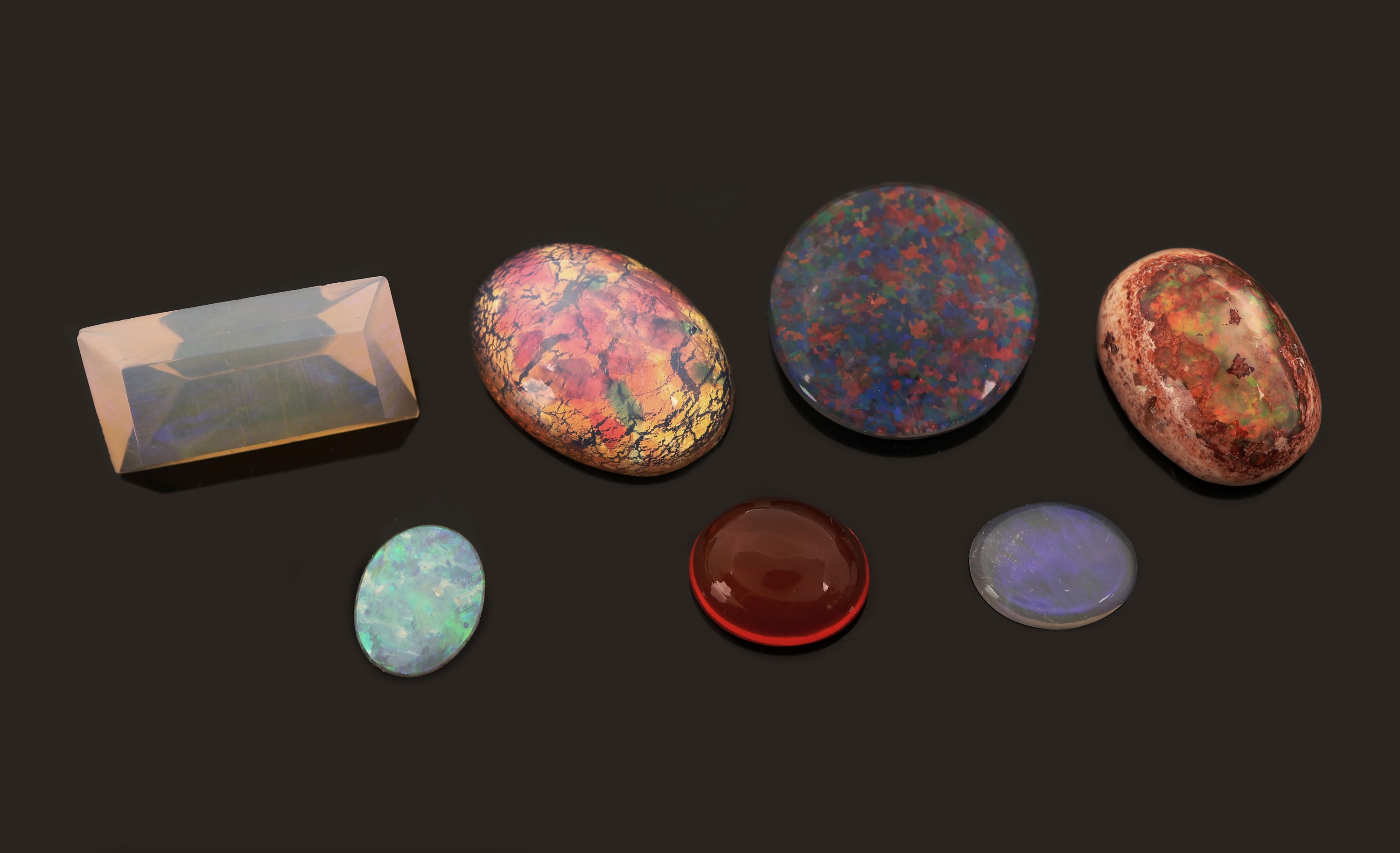 Image 27098676 - Lot 7 lose Opale, zus. ca. 46.12 ct, Opaldoubletten, Opaltripletten, Feueropal, versch. ...