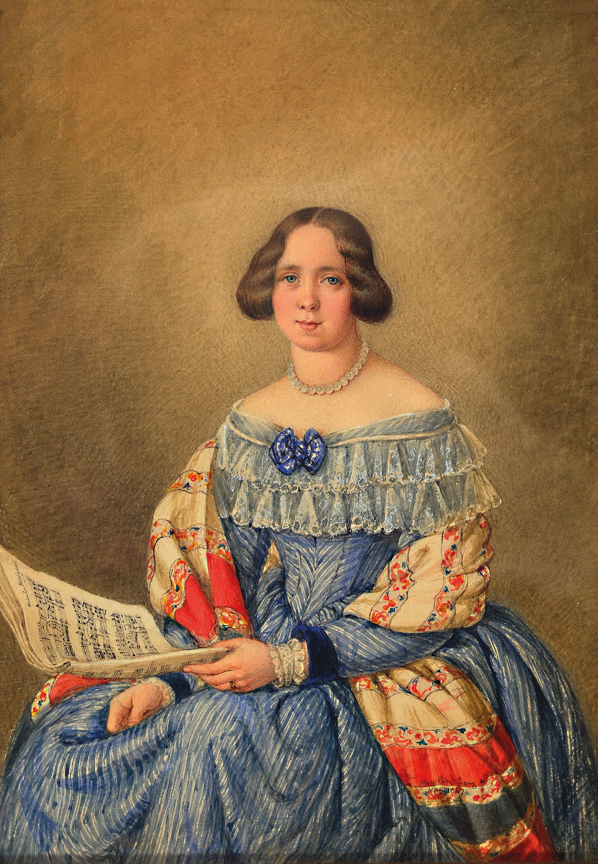 Detail a: Mary Ellen Best, seit 1840 verh. Sarg, 1809 York/England-1891 Darmstadt, Aquarell/Papier, viktorianisches Porträtpaar, Sie mit einem Notenheft zu ...