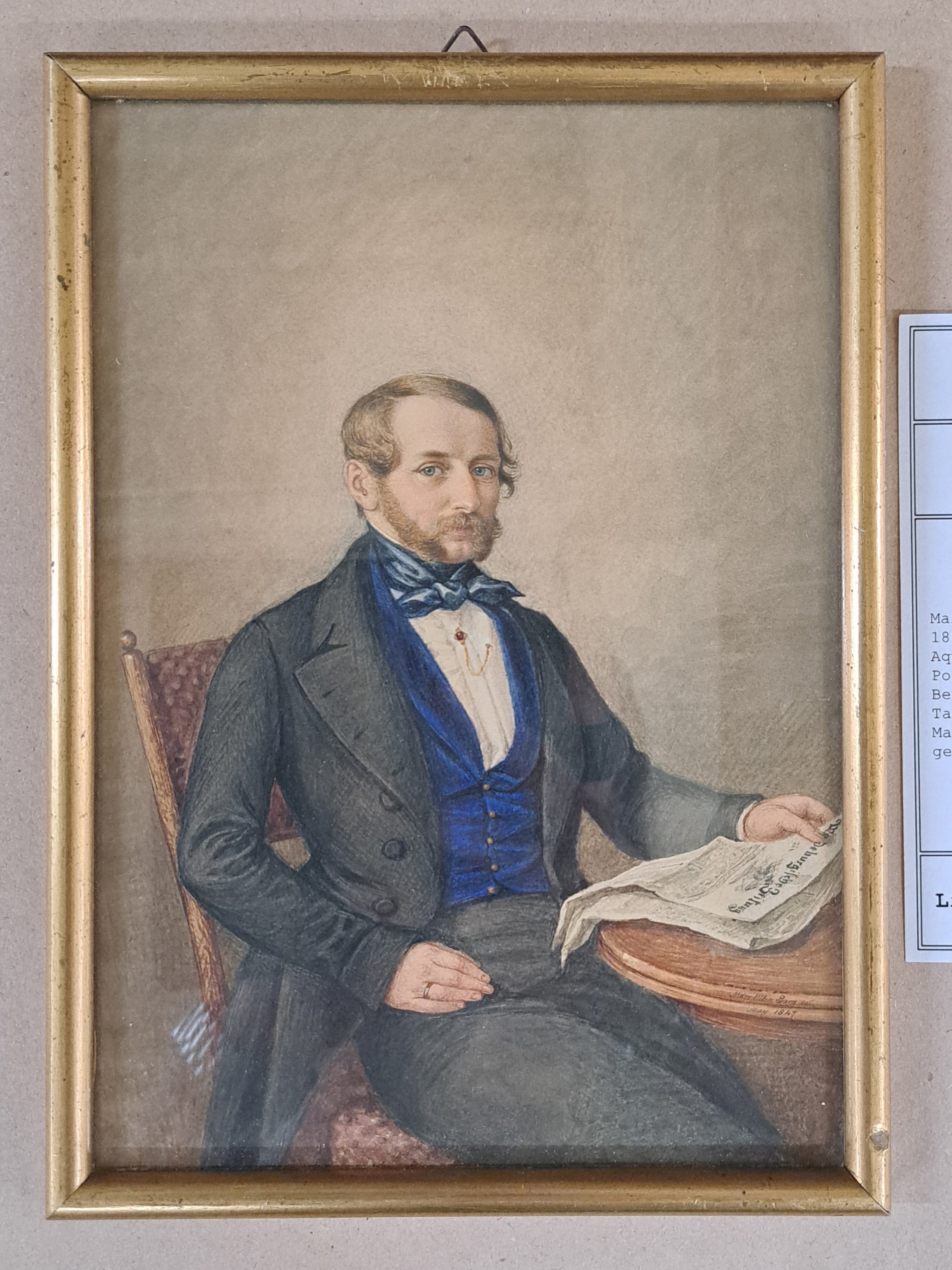 Detail b: Mary Ellen Best, seit 1840 verh. Sarg, 1809 York/England-1891 Darmstadt, Aquarell/Papier, viktorianisches Porträtpaar, Sie mit einem Notenheft zu ...