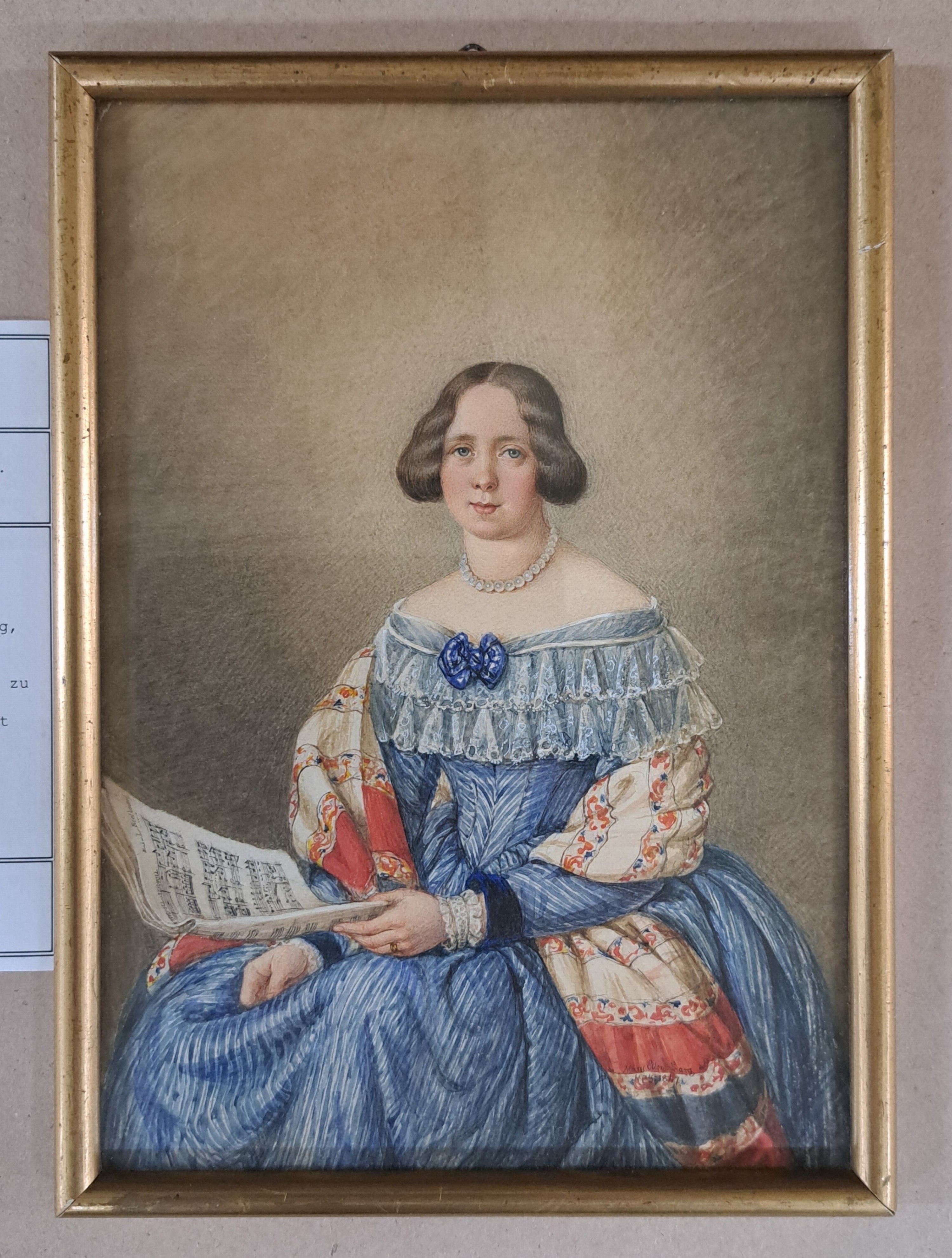 Detail c: Mary Ellen Best, seit 1840 verh. Sarg, 1809 York/England-1891 Darmstadt, Aquarell/Papier, viktorianisches Porträtpaar, Sie mit einem Notenheft zu ...