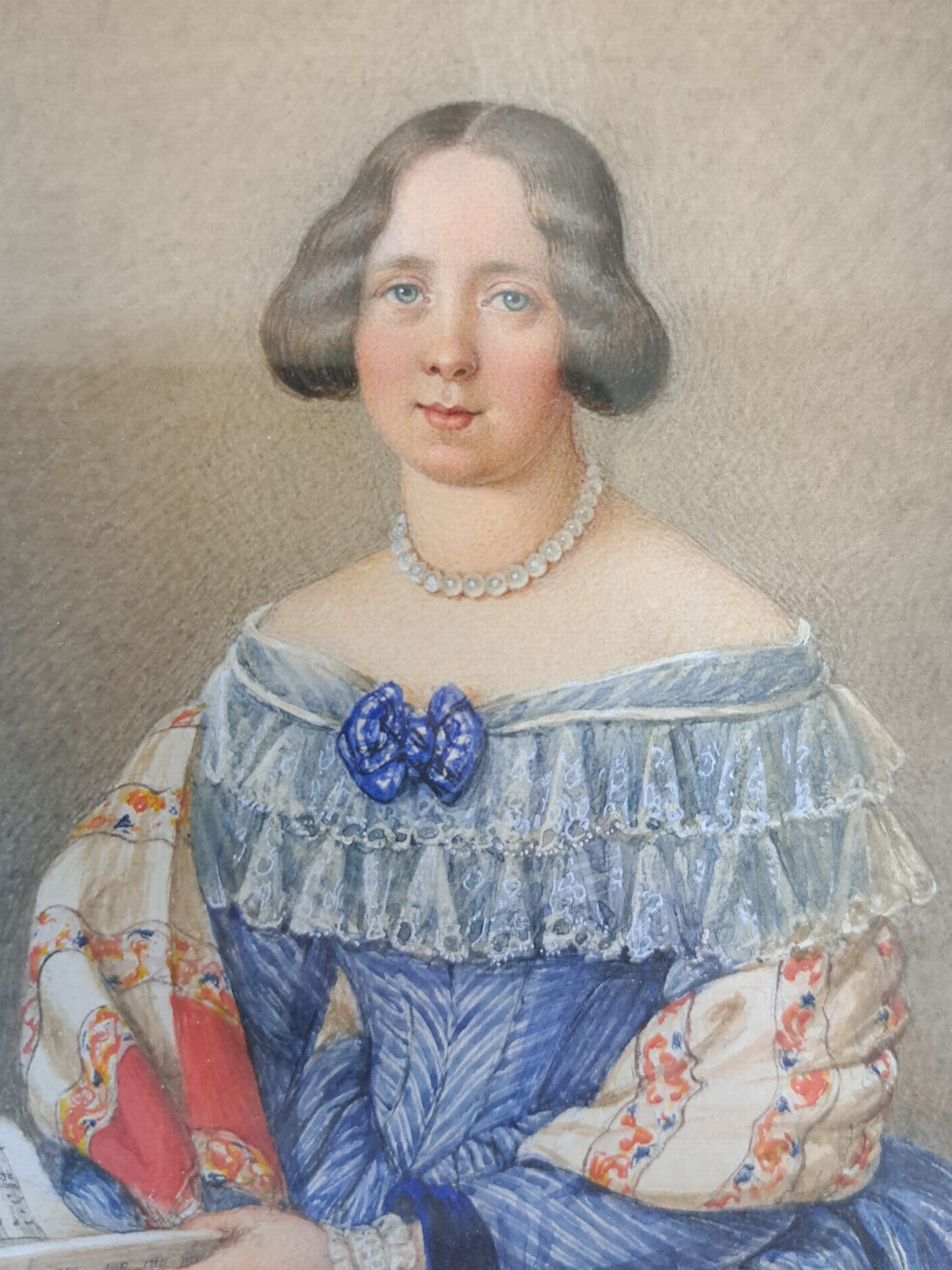 Detail f: Mary Ellen Best, seit 1840 verh. Sarg, 1809 York/England-1891 Darmstadt, Aquarell/Papier, viktorianisches Porträtpaar, Sie mit einem Notenheft zu ...
