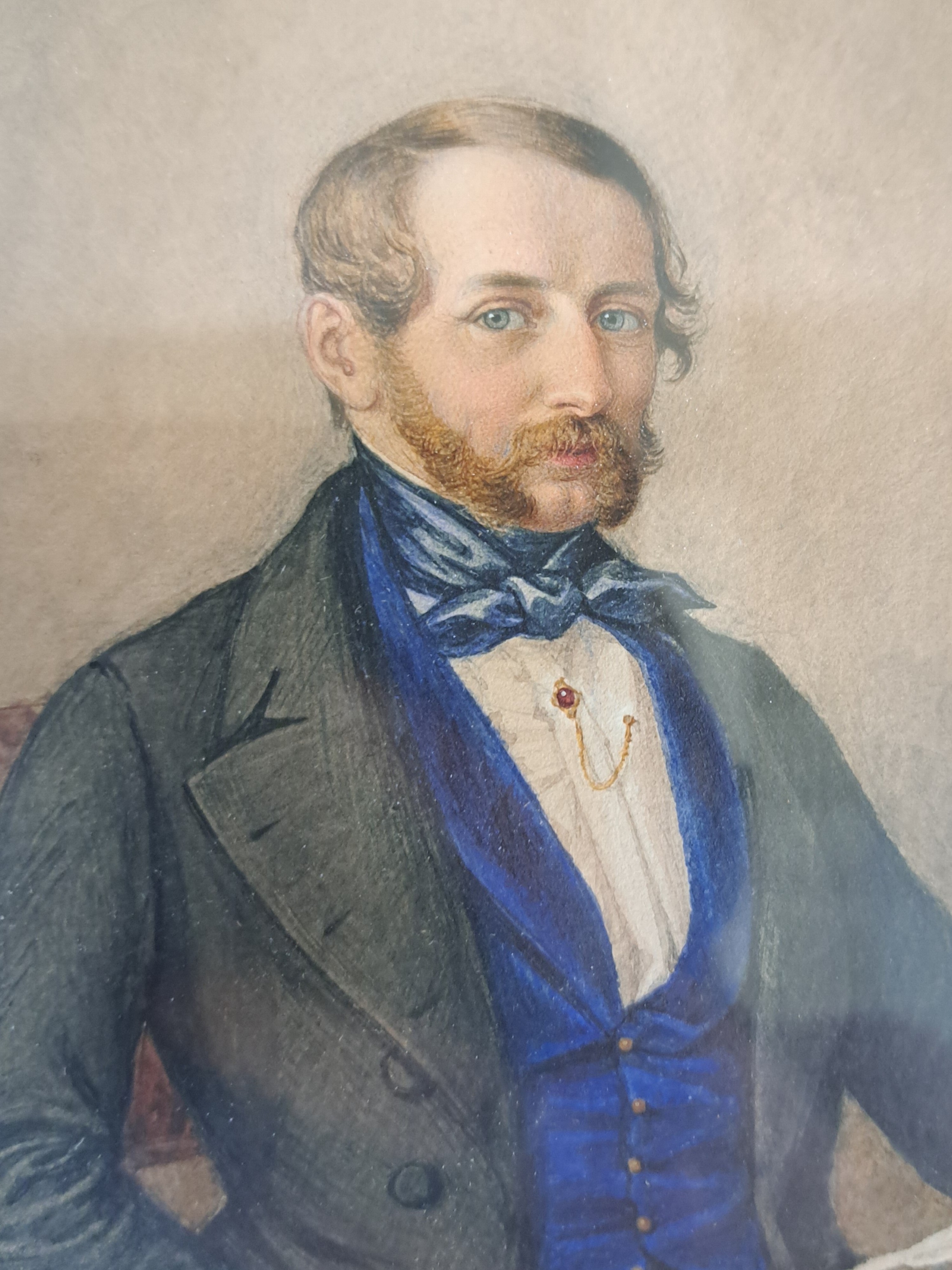 Detail g: Mary Ellen Best, seit 1840 verh. Sarg, 1809 York/England-1891 Darmstadt, Aquarell/Papier, viktorianisches Porträtpaar, Sie mit einem Notenheft zu ...