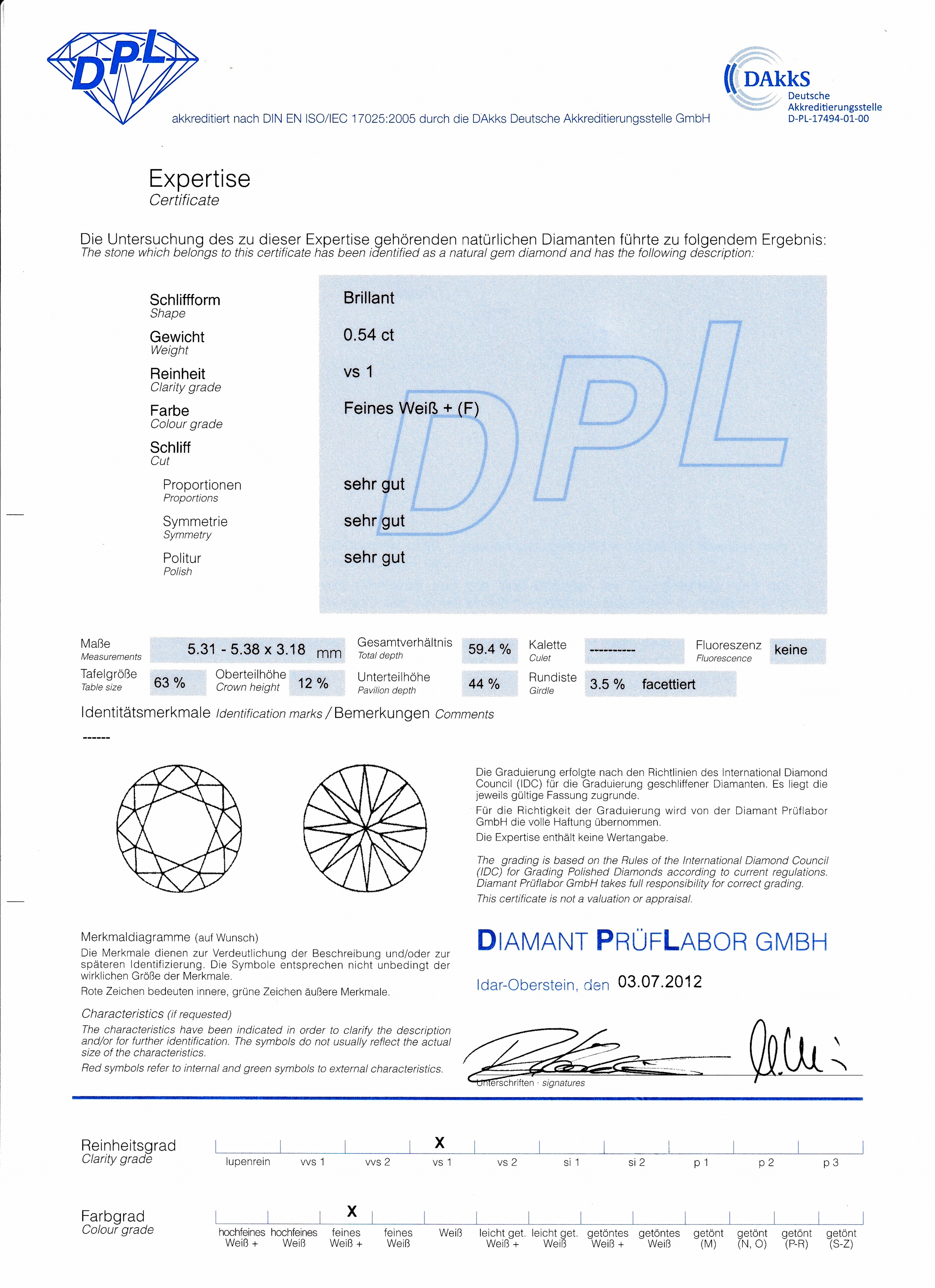 Detail d: Loser Brillant, 0.54 ct feines Weiß+(F)/vs1, DPL-Expertise anbei