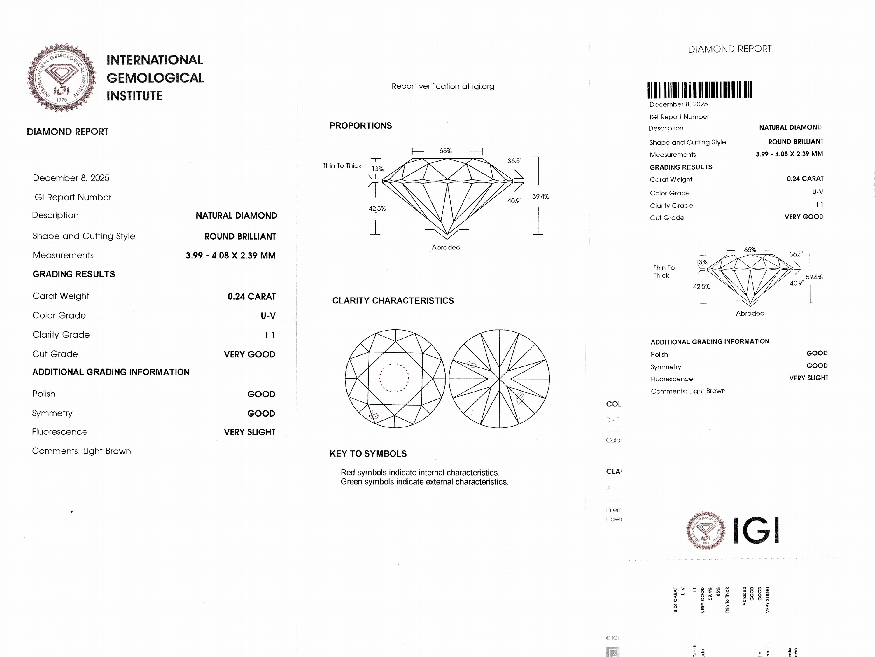 Detail d: Loser Brillant, 0.24 ct Getönt(U-V)/p1, eingeschweißt, IGI-Expertise anbei