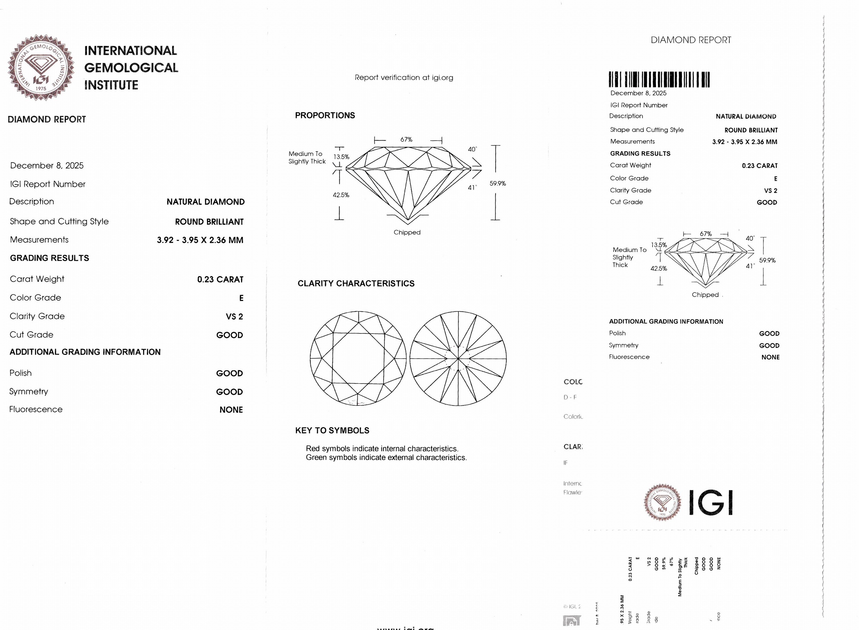 Detail d: Loser Brillant, 0.23 ct hochfeines Weiß(E)/vs2, eingeschweißt, IGI-Expertise anbei