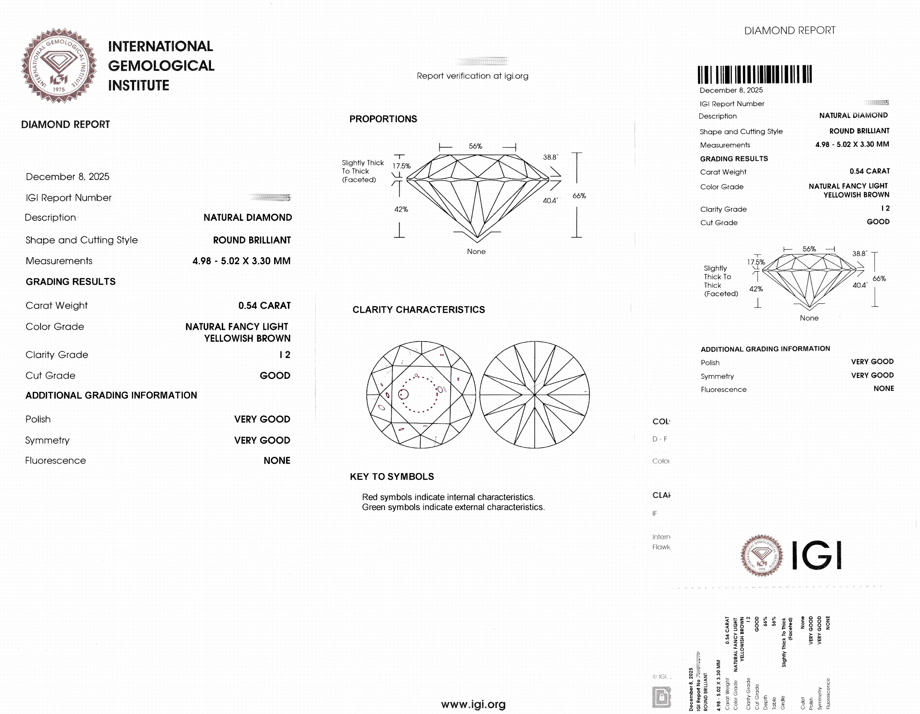 Detail d: Loser Brillant, 0.54 ct Natural Fancy Light Yellowish Brown/p2, eingeschweißt, IGI- Expertise anbei