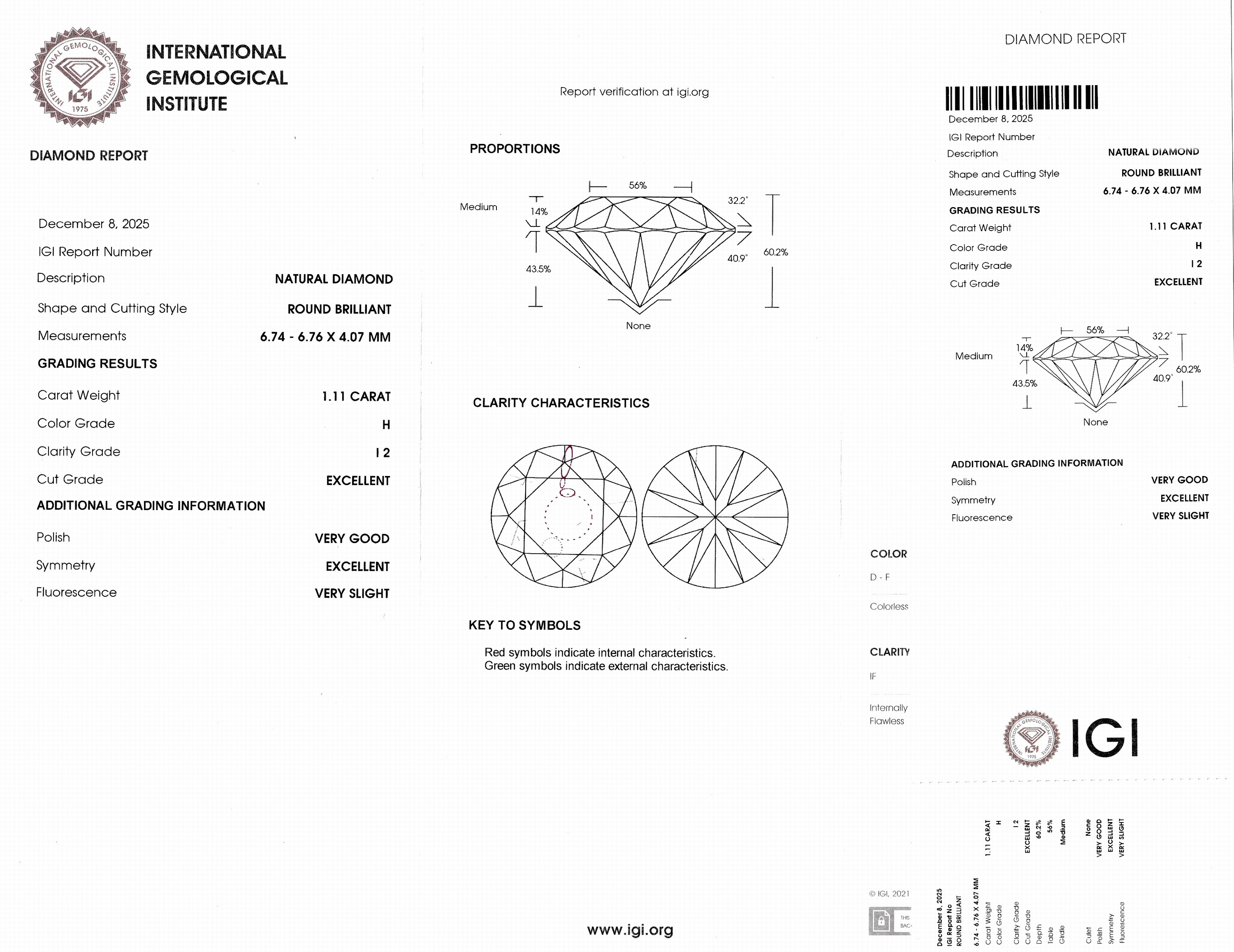 Detail d: Loser Brillant, 1.11 ct Weiß(H)/p2, eingeschweißt, IGI-Expertise anbei