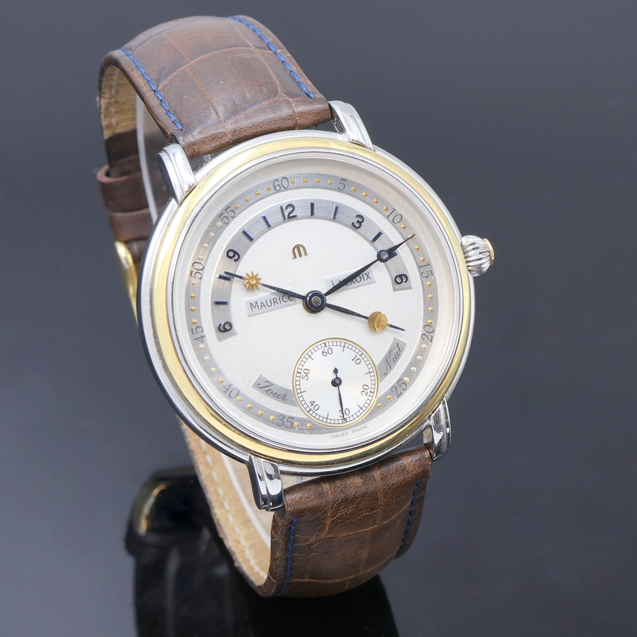 Detail b: MAURICE LACROIX Herrenarmbanduhr Jour et Nuit Referenz 07769, Schweiz verk. lt. beil. Pap. 04/2000, Handaufzug, beids. vergl. Edelstahlgeh., Boden ...