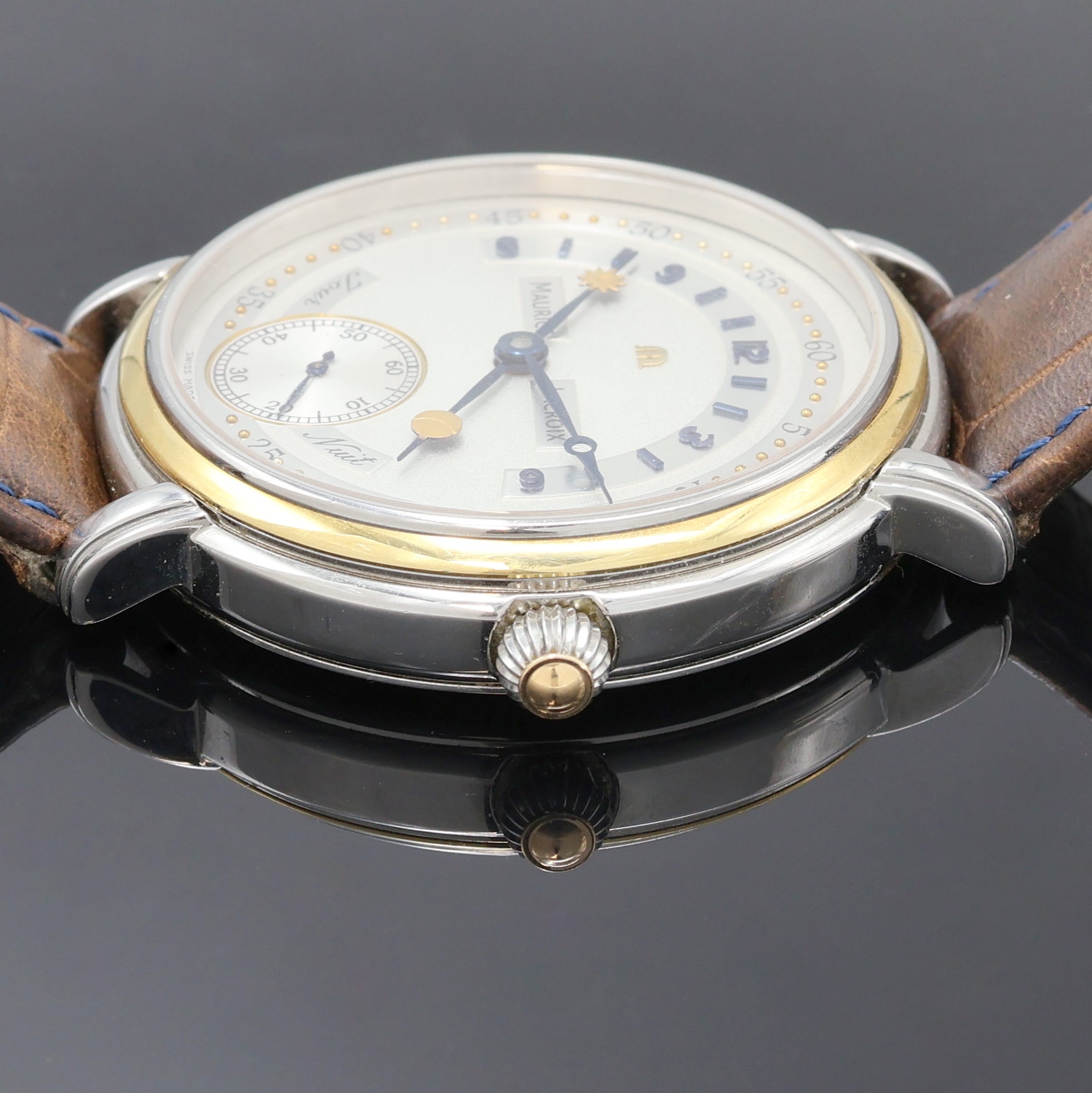 Detail c: MAURICE LACROIX Herrenarmbanduhr Jour et Nuit Referenz 07769, Schweiz verk. lt. beil. Pap. 04/2000, Handaufzug, beids. vergl. Edelstahlgeh., Boden ...