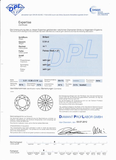 27098758d - Loser Brillant, 0.54 ct feines Weiß (F)/vs1, DPL-Expertise anbei Schätzpreis: 2200, - ...