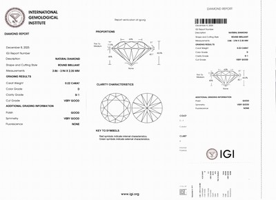 27098763d - Loser Brillant, 0.22 ct hochfeines Weiß (D)/si1, eingeschweißt, IGI-Expertise anbei ...