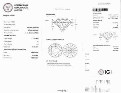 27098768d - Loser Brillant, 1.11 ct Weiß(H)/p2, eingeschweißt, IGI-Expertise anbei Schätzpreis: ...