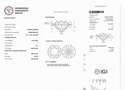 27098770d - Loser Brillant, 0.48 ct feines Weiß (F)/vs1, eingeschweißt, IGI-Expertise anbei ...