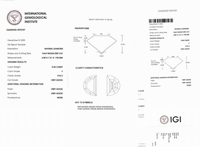 27098772d - Loose diamond, 0.45 ct Top Wesselton (F)/vvs2, Half Moon Step Cut, sealed, IGI- ...