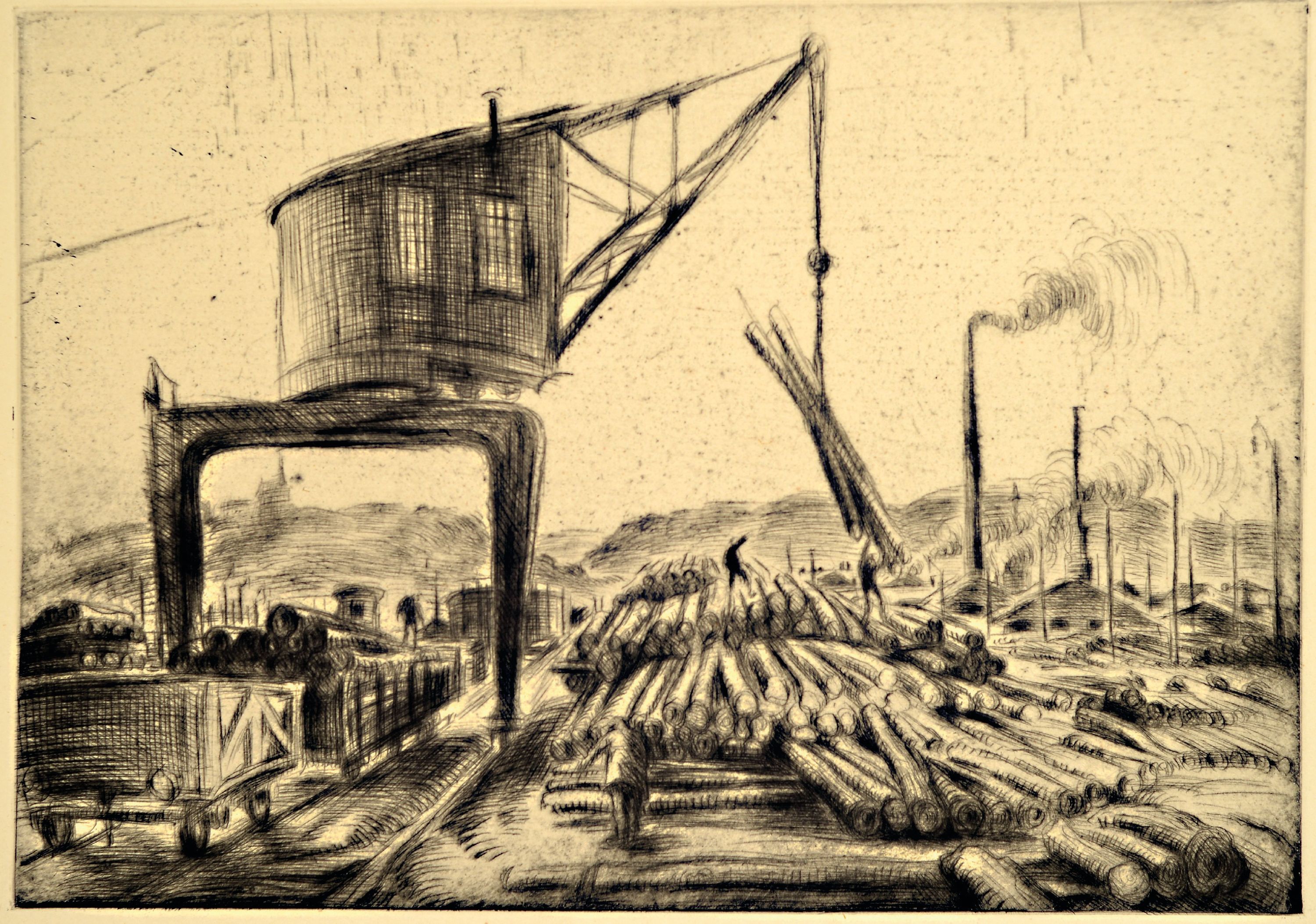 Detail b: Hermann Kupferschmid, 1885 Waldshut-1975 Achern, Mappe "Aus dem alten und neuen Hafen Karlsruhe", 10 Radierungen mit Industriemotiven der ...