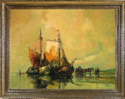 27099202k - Rudolf Priebe, 1889 Schulakow-1964, Fischerboote und Pferdekarren am Strand, Öl/ Lwd, ...