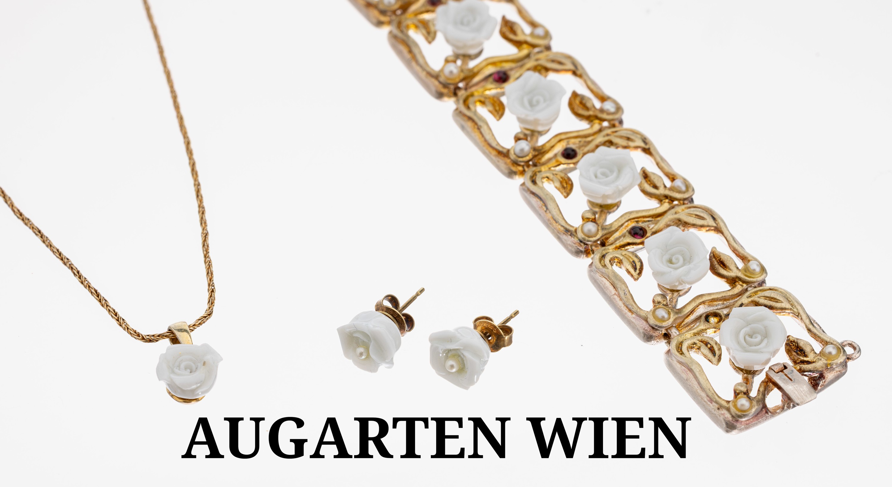 Image 27099532 - Porcelain-jewelry set, AUGARTEN WIEN , silver 925 gilt, comprised of: 1 bracelet, l. ...